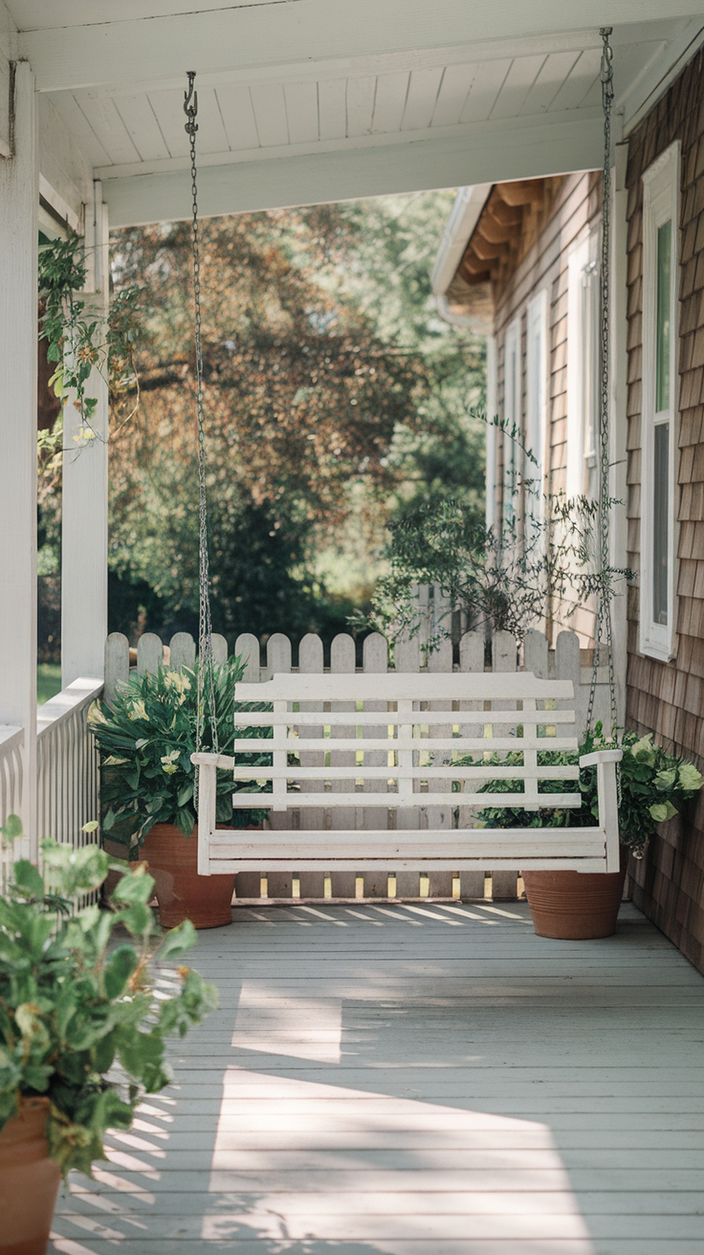 White painted swing on a porch surrounded by potted plants.