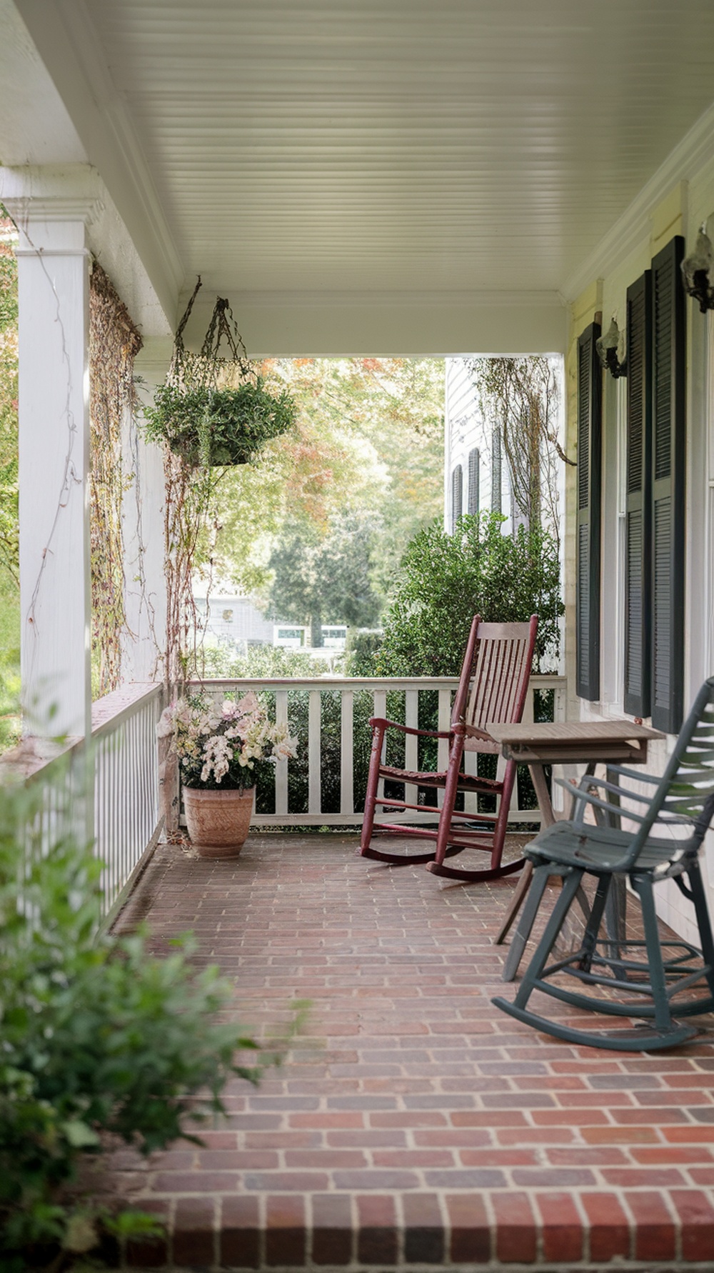 A traditional front porch with brick flooring, featuring rocking chairs and potted plants.