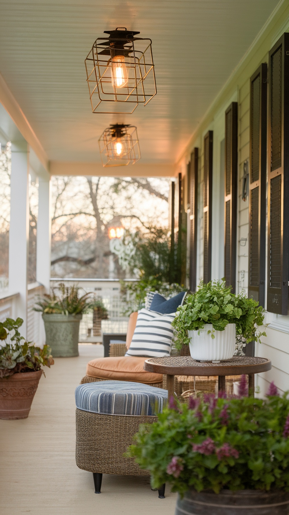 Front porch with cage lights and cozy seating area