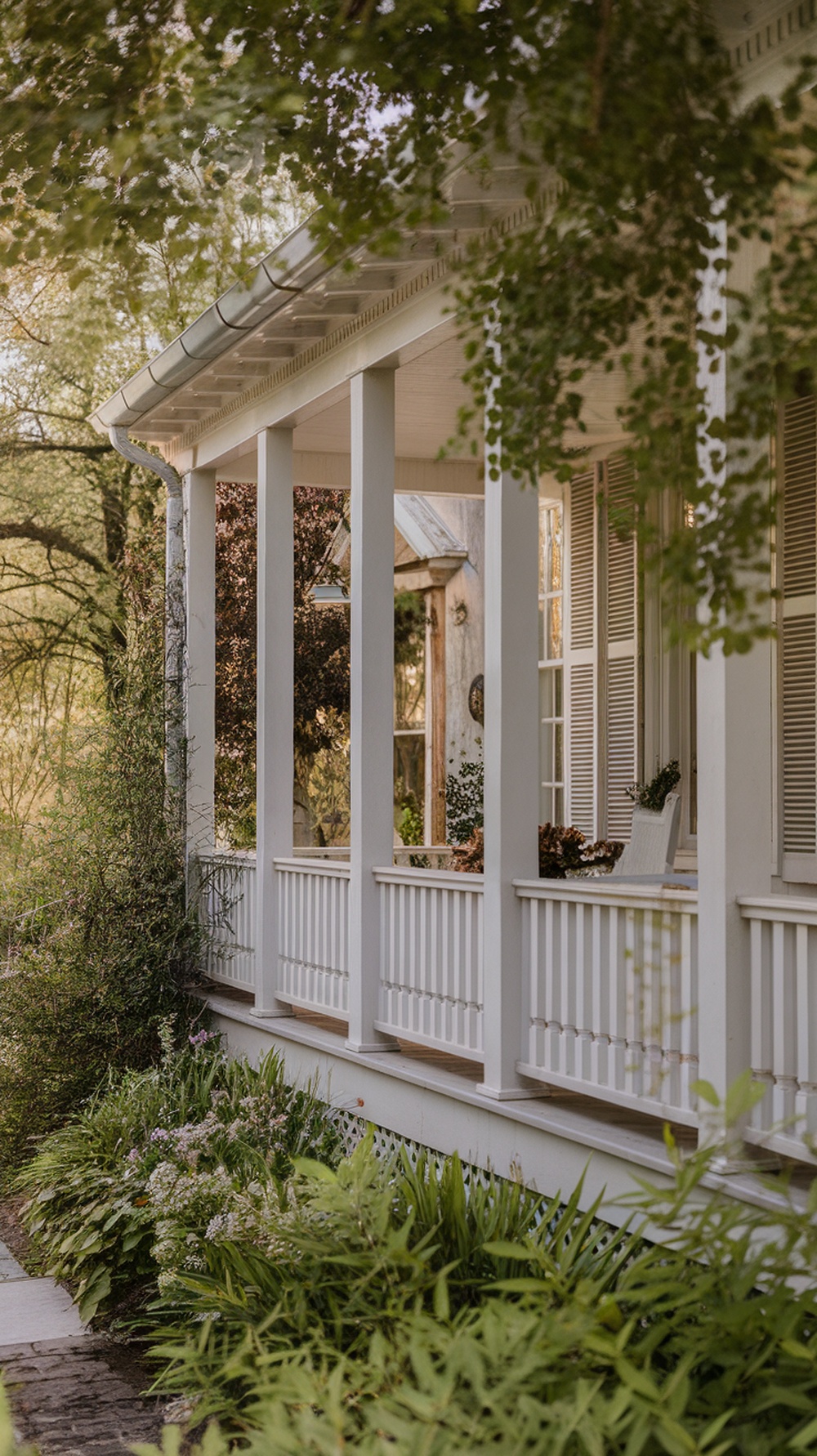 A porch with classic white wood railings surrounded by greenery.