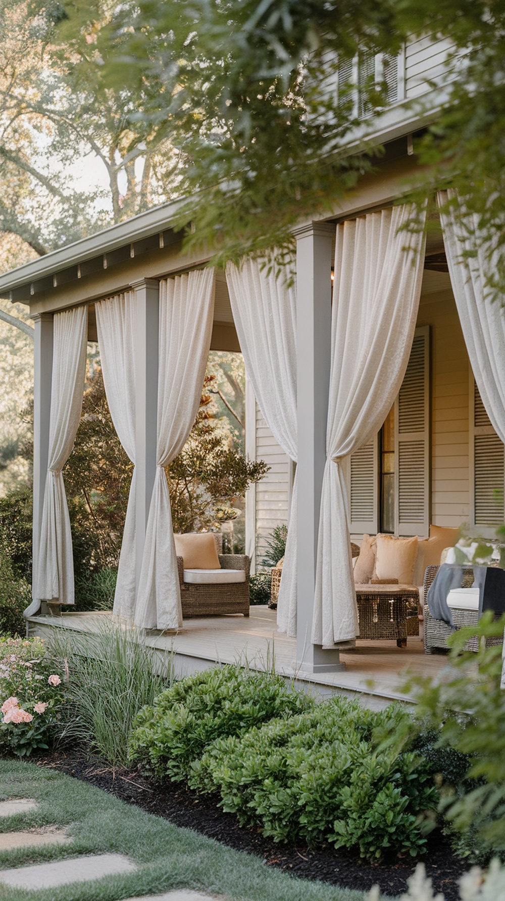 A front porch with light curtains for shade and privacy, featuring cozy seating and lush greenery.