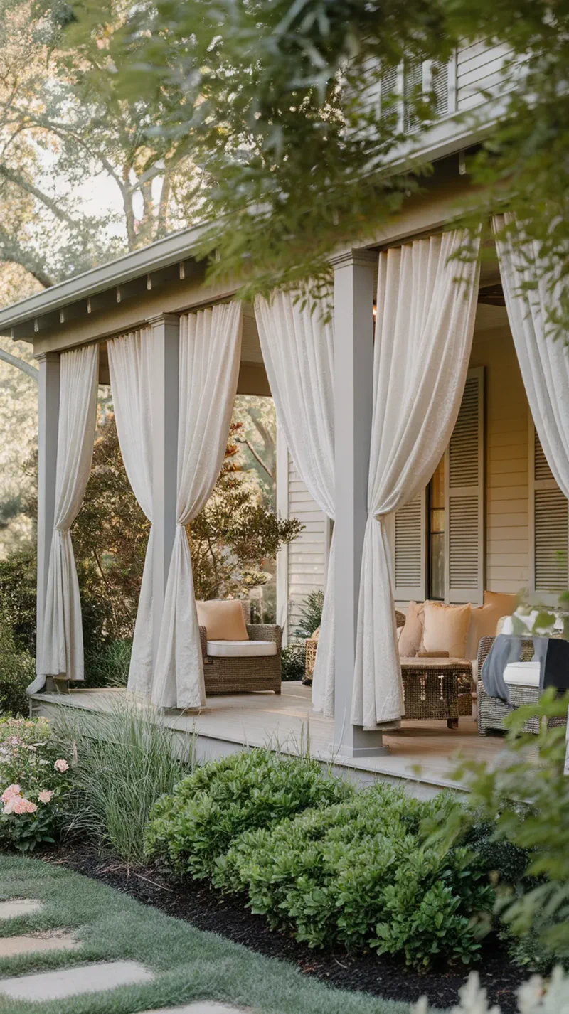 A front porch with light curtains for shade and privacy, featuring cozy seating and lush greenery.