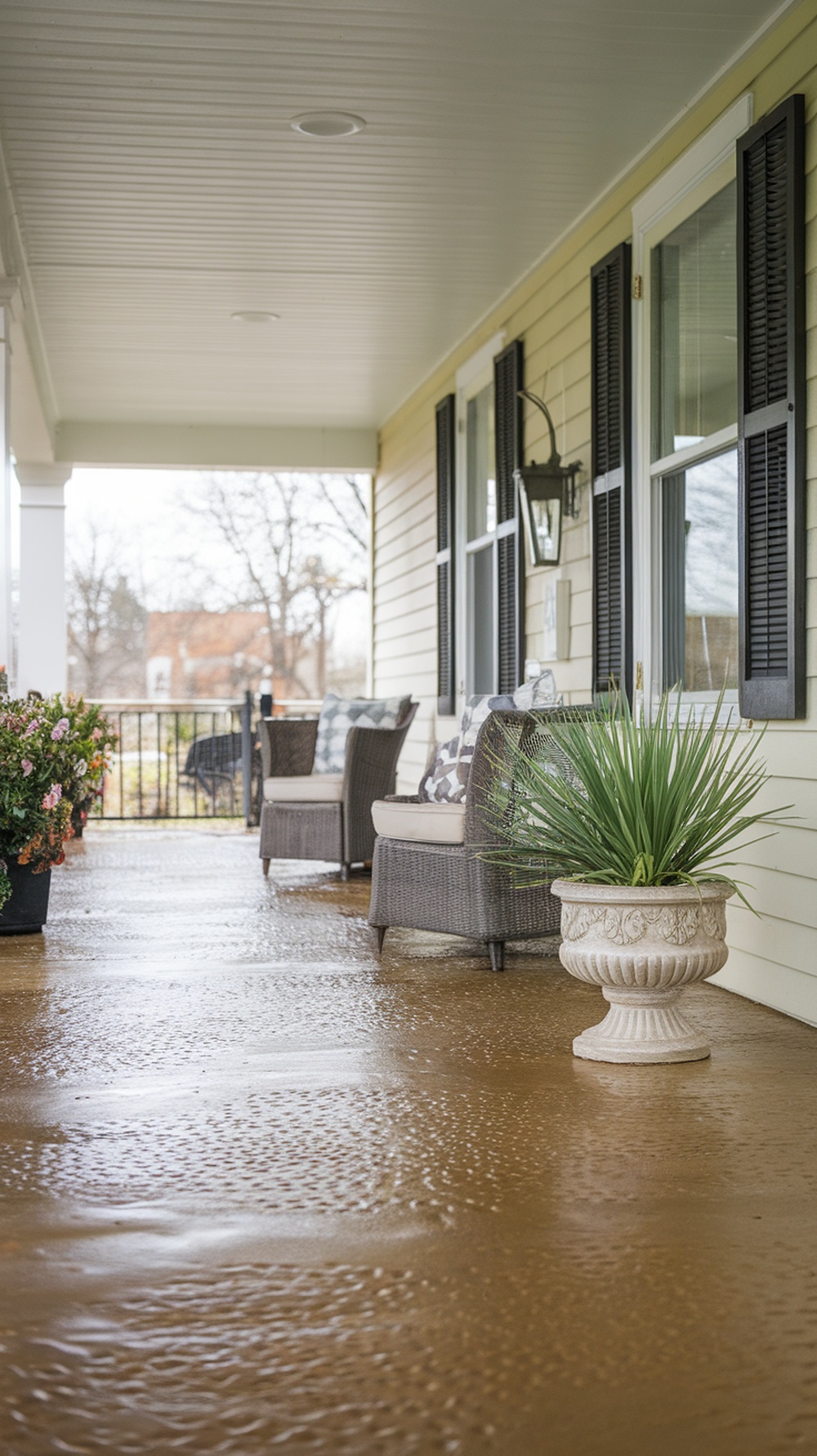 A textured concrete front porch with chairs and plants, designed for safety and style