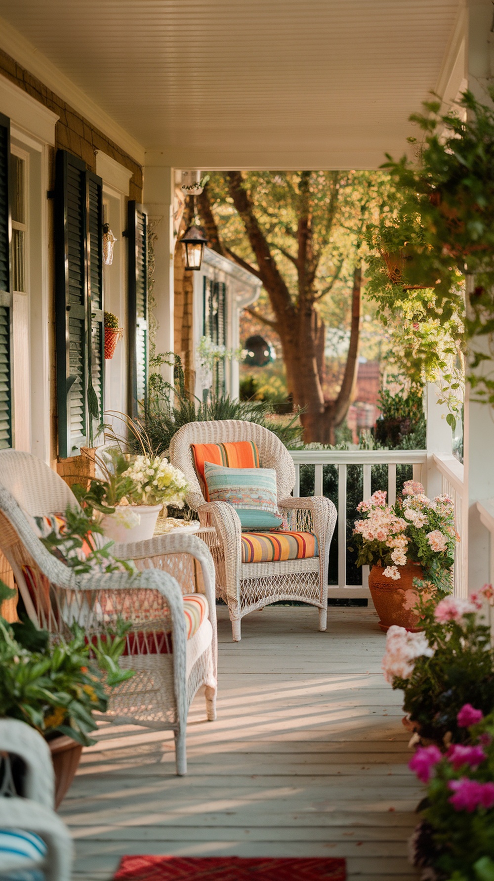 A cozy front porch featuring wicker chairs with striped cushions and flower pots.