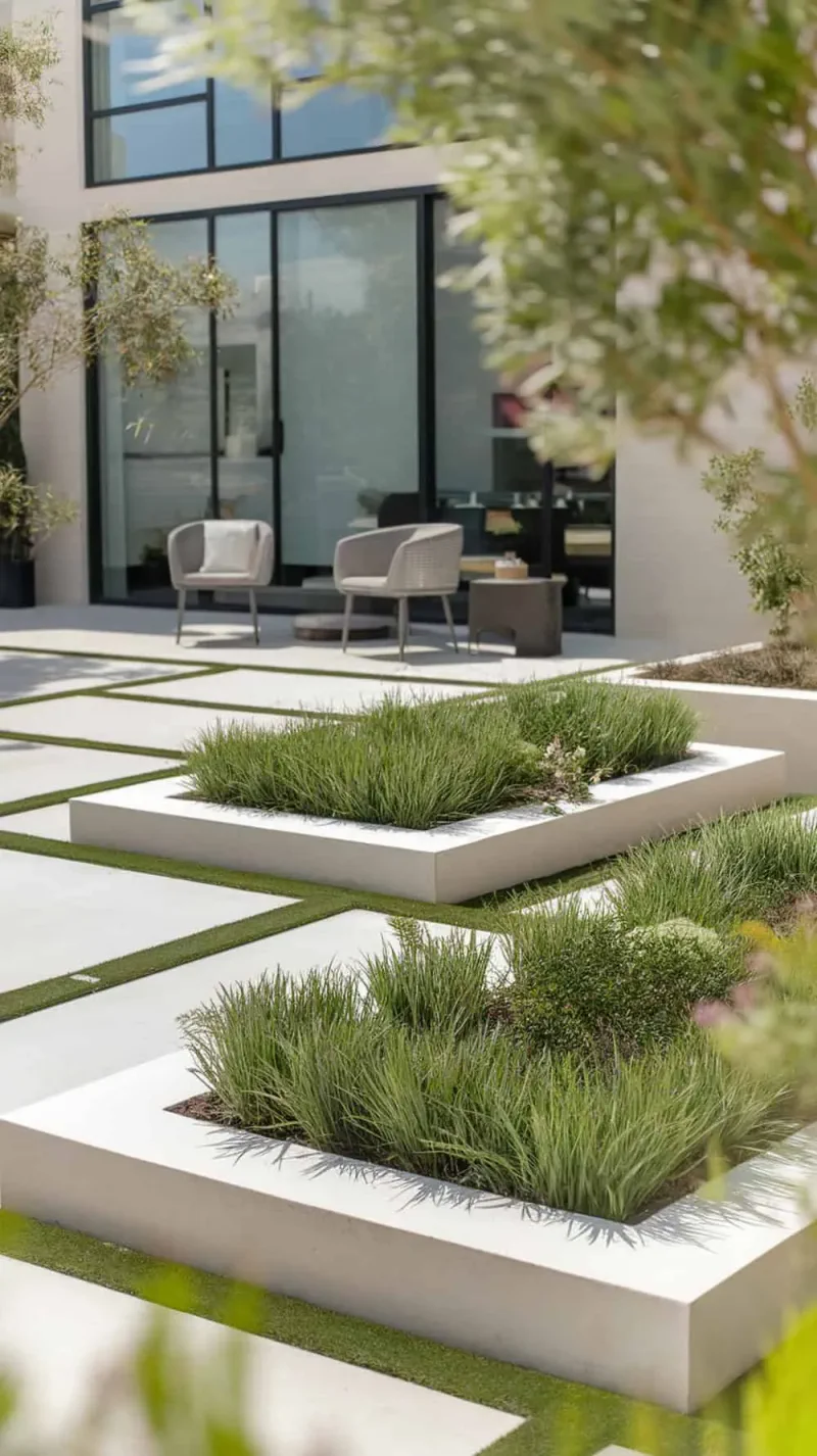 Modern front yard with geometric garden beds and seating