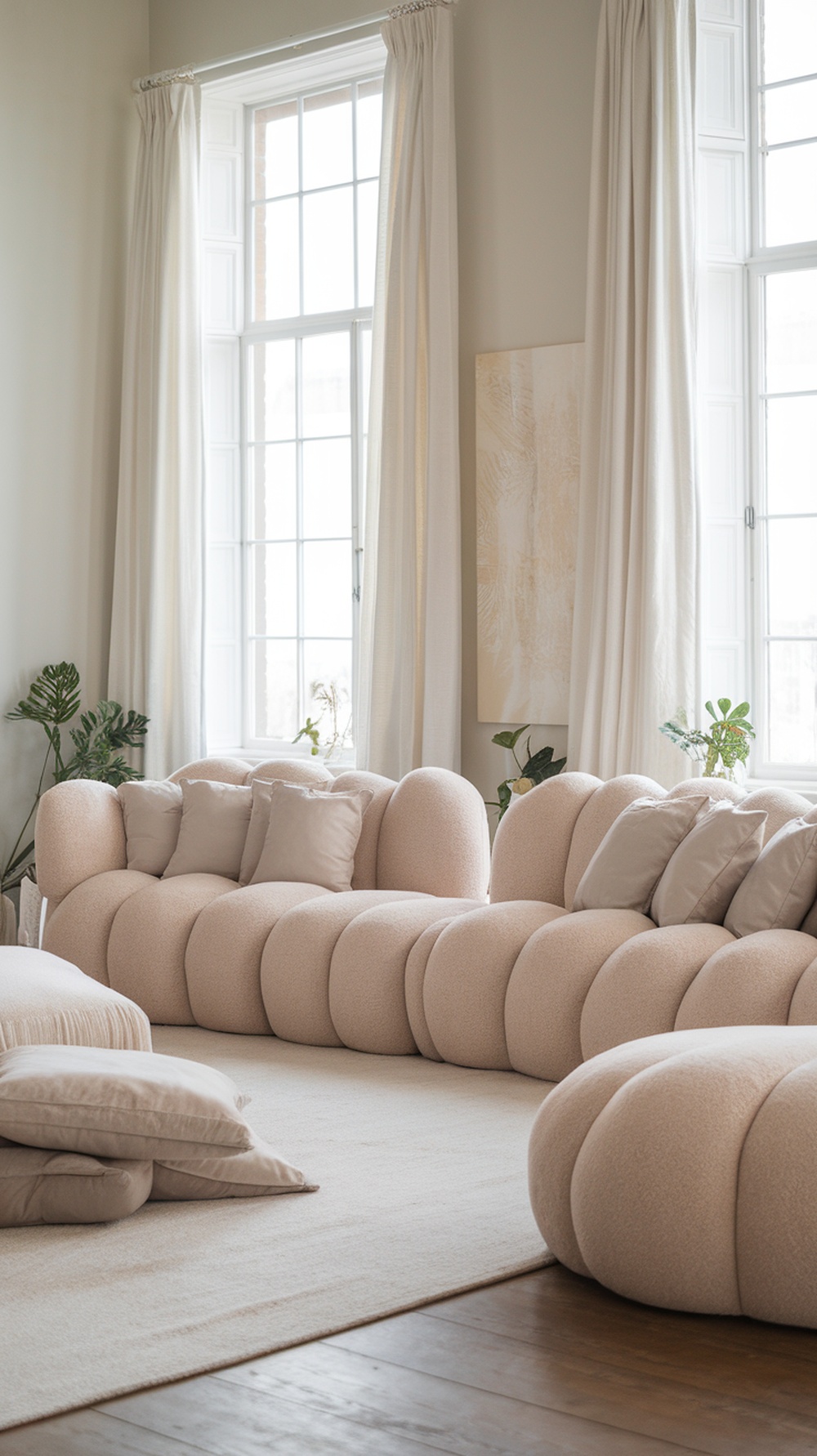A cloud-style sectional sofa in a living room with neutral decor, featuring soft pillows, large windows, and plants.