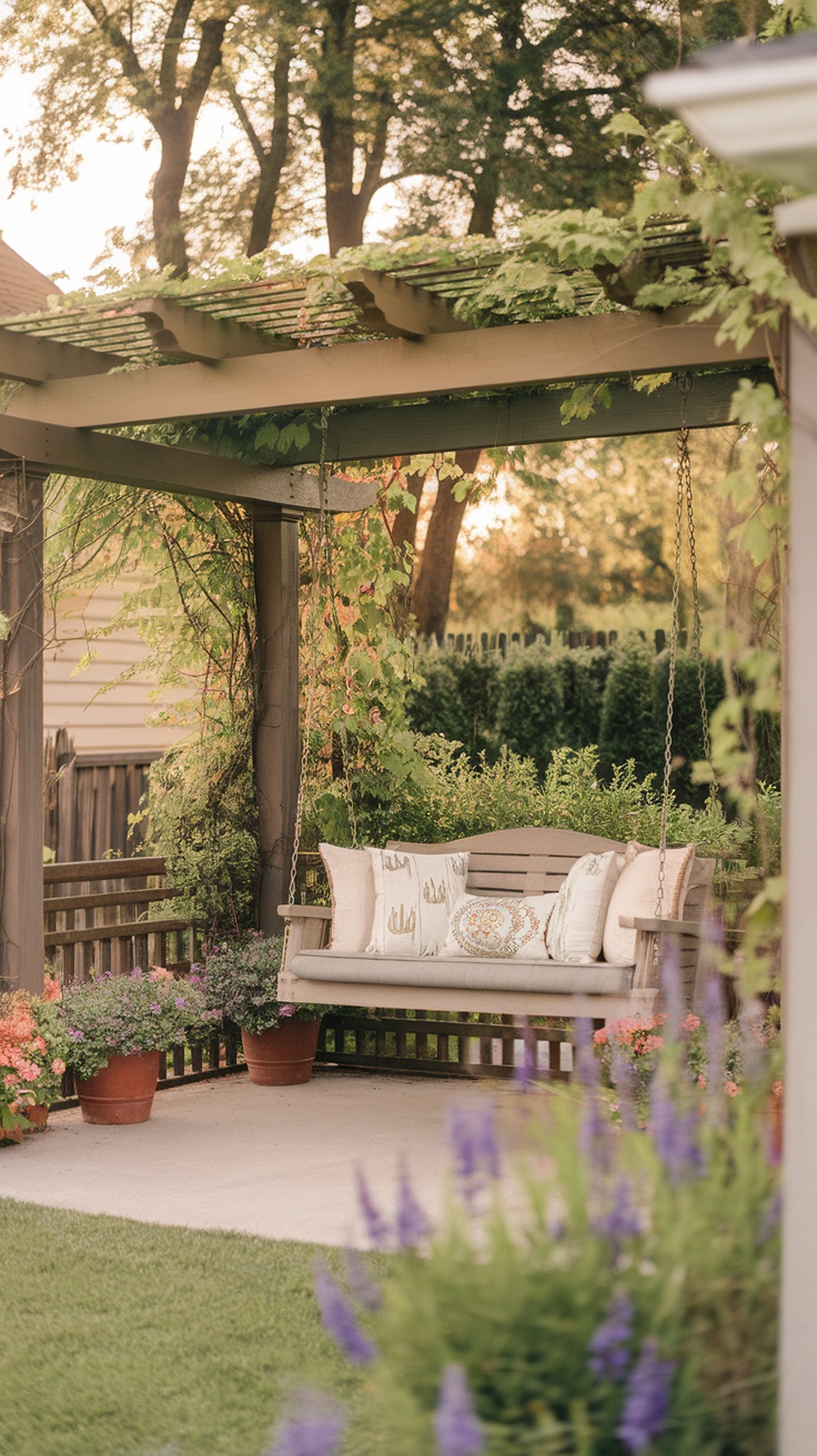 A relaxing swing under a pergola with green vines and colorful flowers on a front porch.