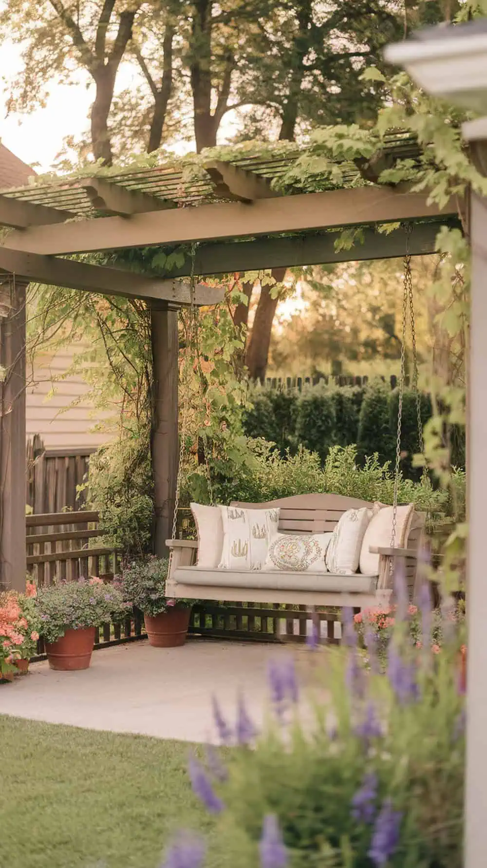 A relaxing swing under a pergola with green vines and colorful flowers on a front porch.