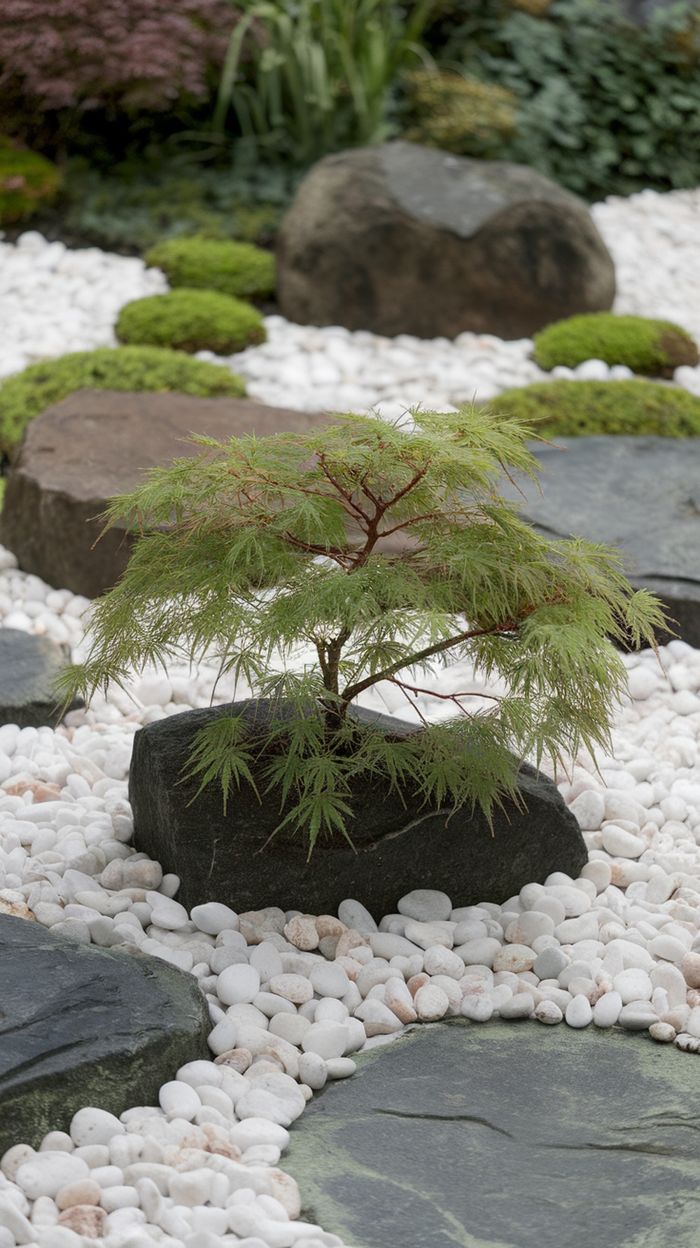 A Japanese maple tree surrounded by white pebbles and large stones in a landscaped garden.