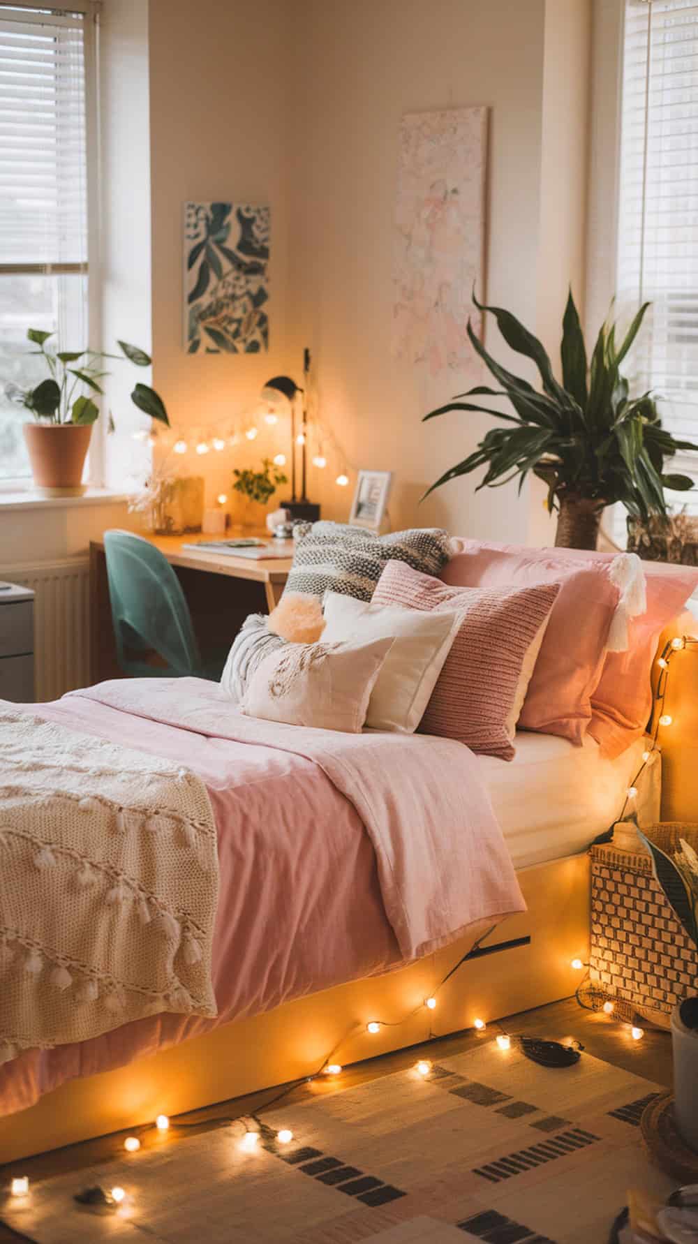 A cozy dorm room with a bed adorned in soft pink bedding and decorative pillows, surrounded by fairy lights.