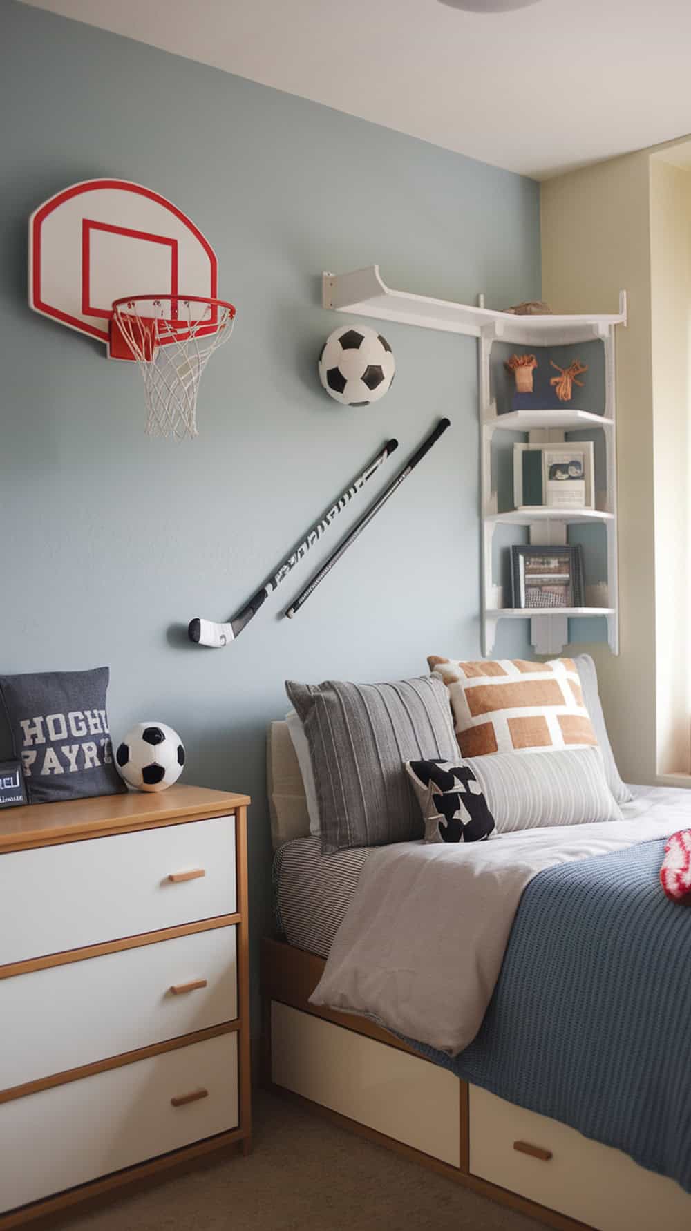 A compact dresser in a boy's dorm room that doubles as a TV stand, surrounded by sports-themed decor.
