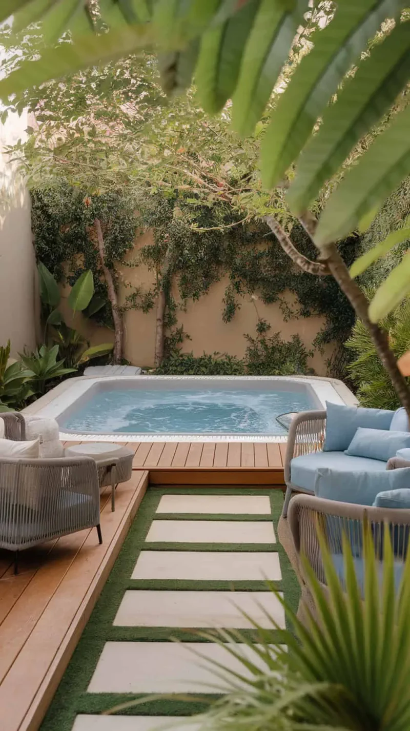 A small spa-pool combo in a lush backyard setting.