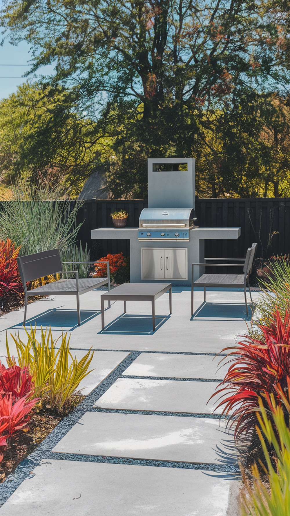 Modern BBQ area with concrete slab and metal furniture surrounded by colorful plants.