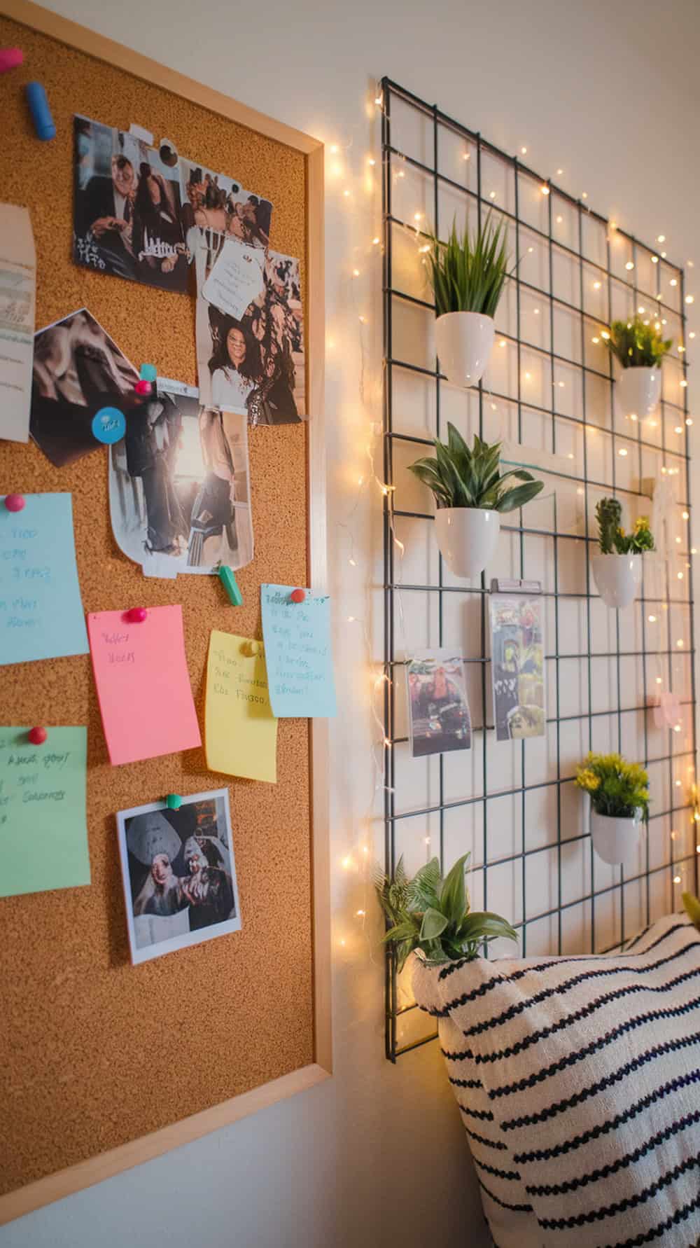 A corkboard with notes and photos beside a grid wall with plants and fairy lights.