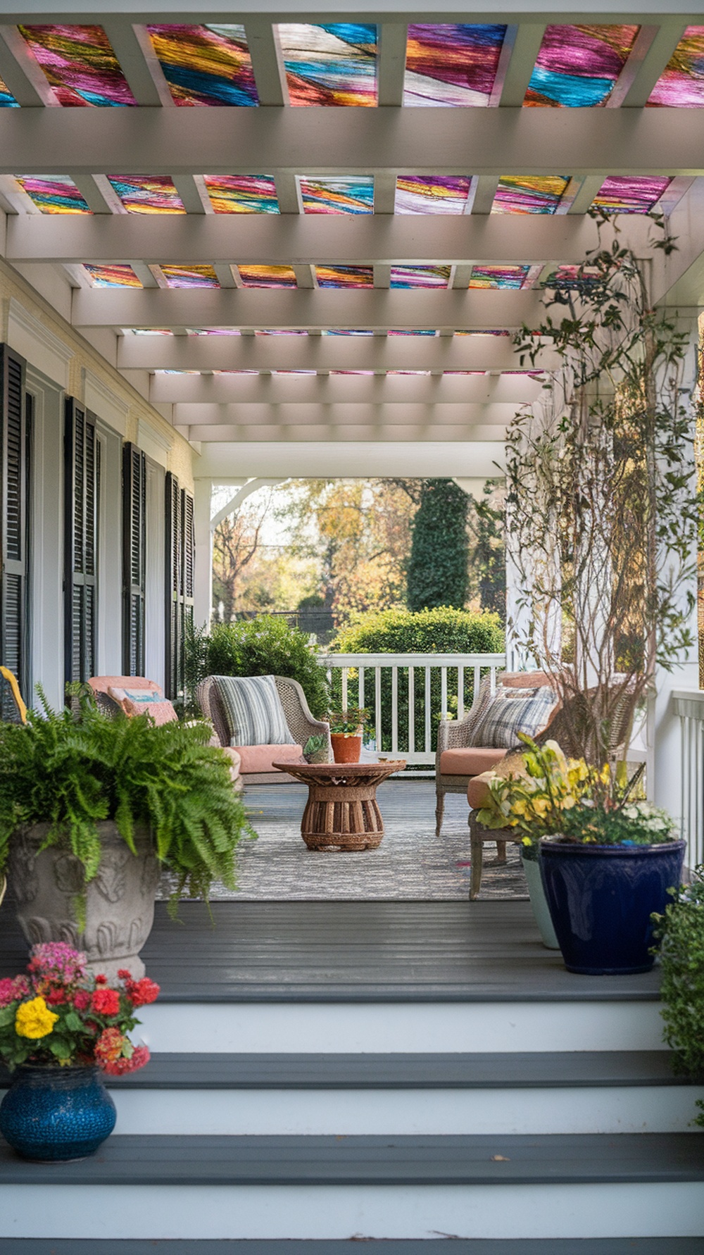 A front porch with a pergola covered with colorful outdoor fabric, surrounded by plants and cozy furniture.
