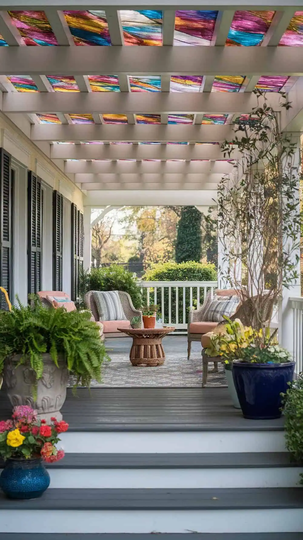 A front porch with a pergola covered with colorful outdoor fabric, surrounded by plants and cozy furniture.