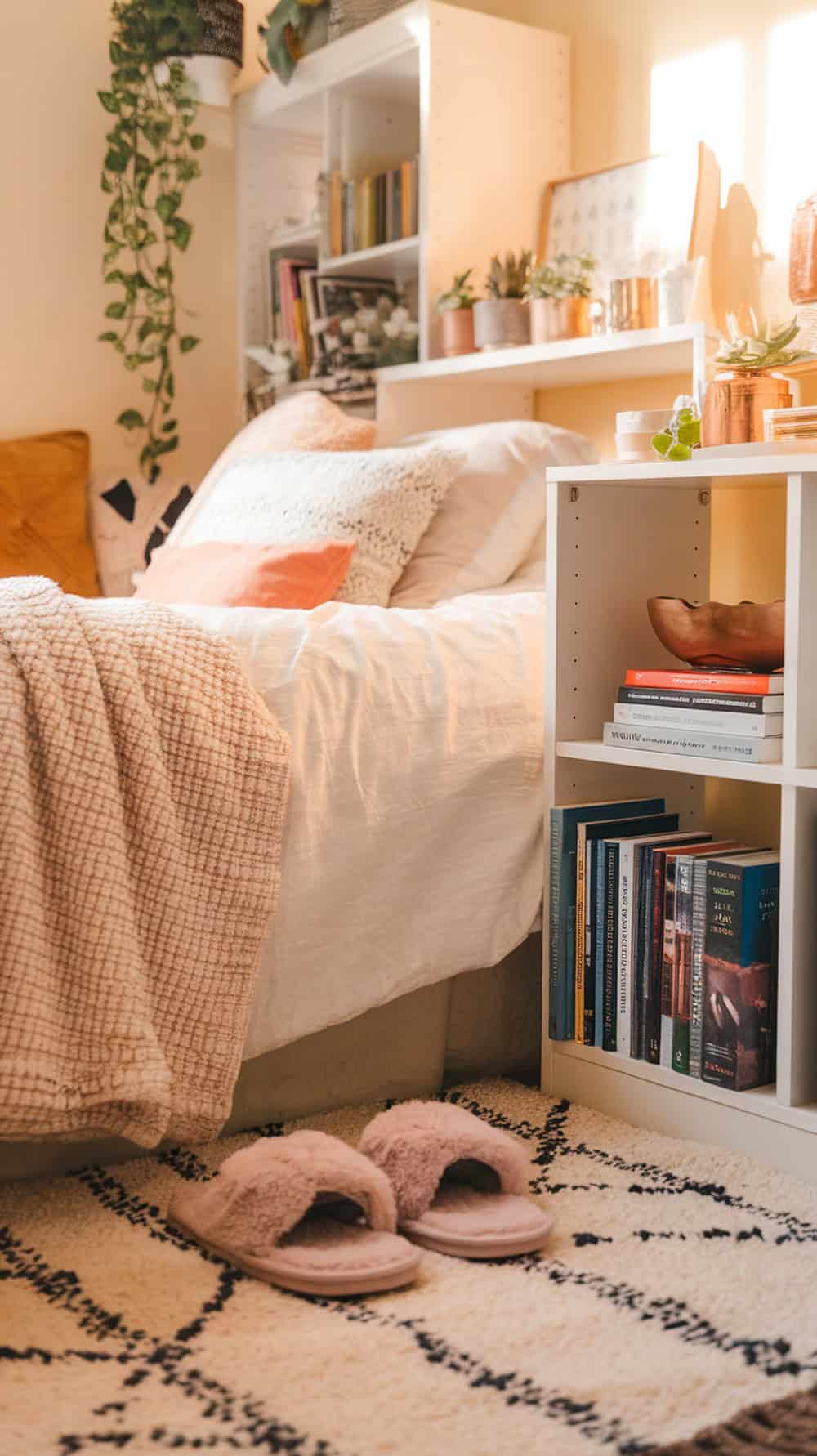 A cozy dorm room with slippers by the bed and a stylish rug