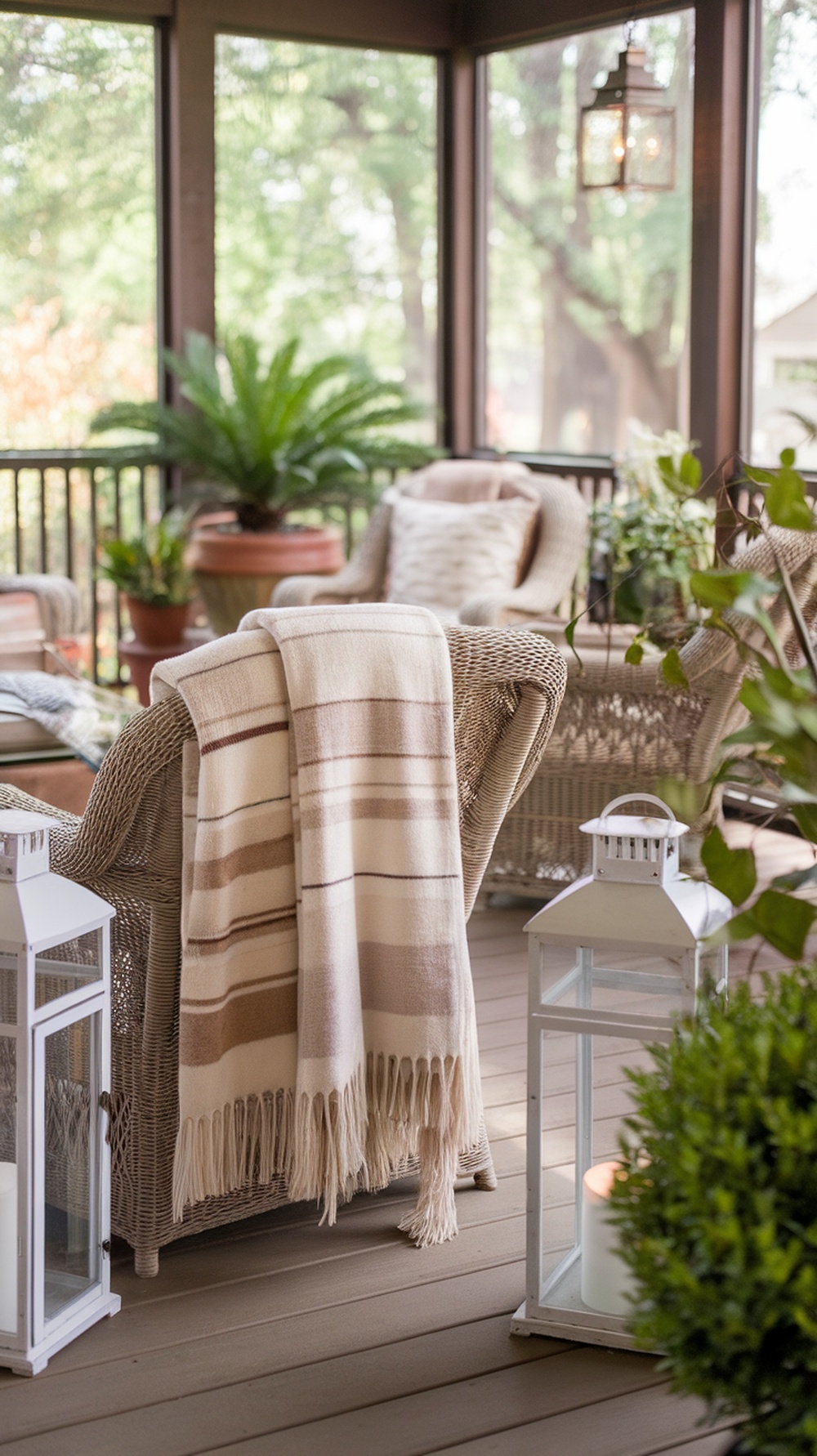 A cozy throw blanket draped over a chair back in a screened-in porch setting.