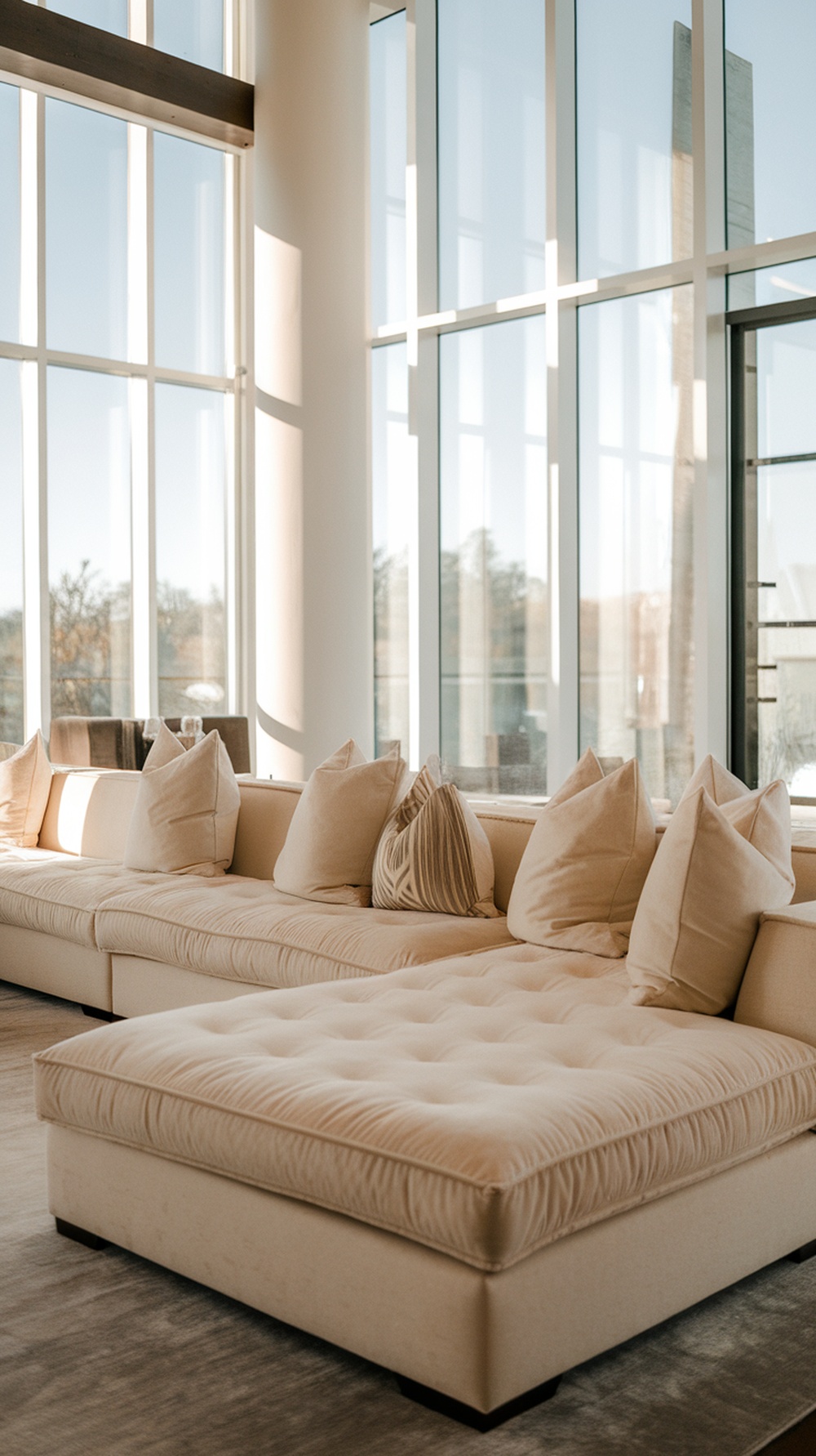 A cream sectional sofa with oversized cushions positioned near floor-to-ceiling windows, creating a bright and cozy living room setting.