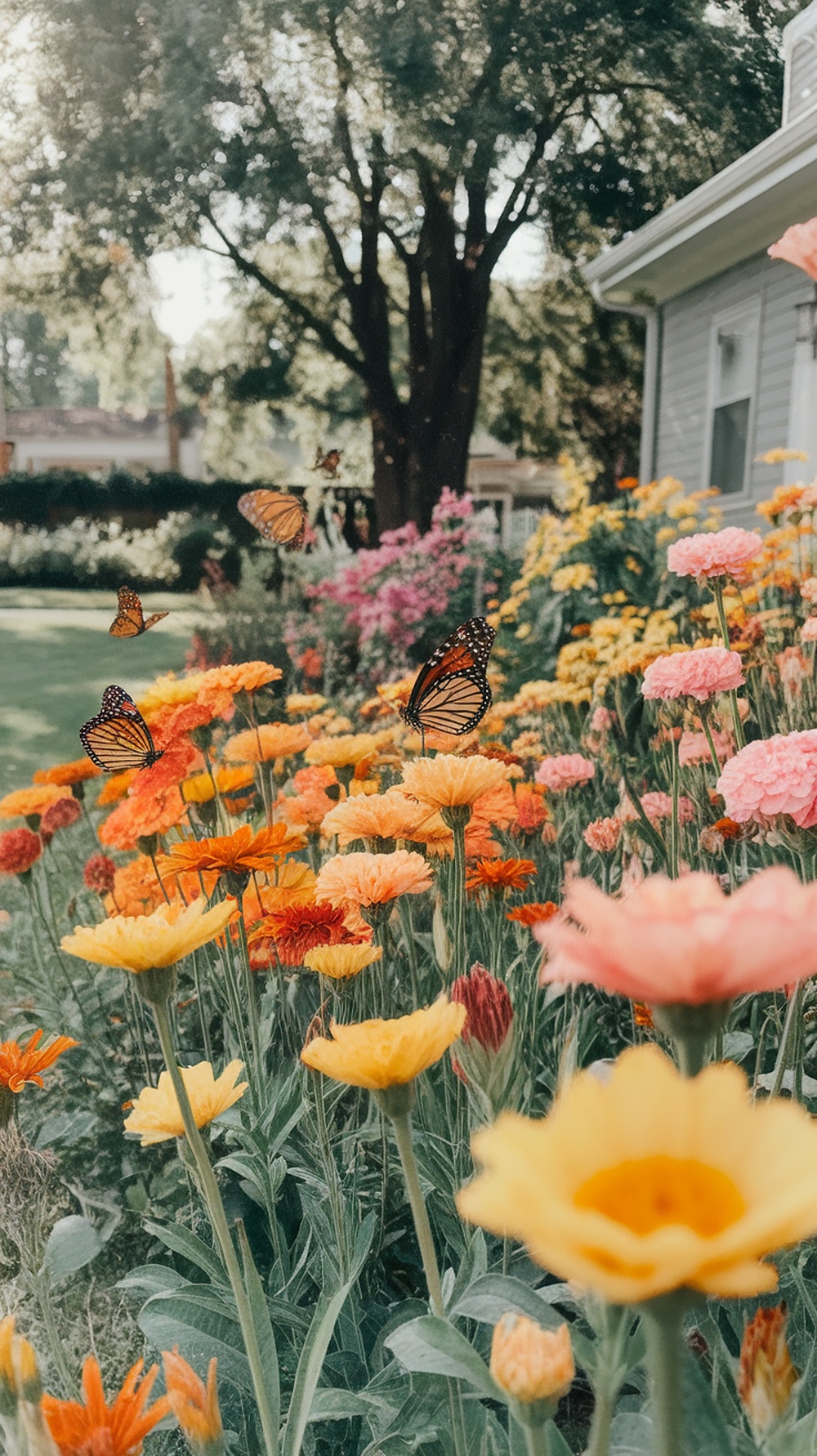 A colorful garden filled with blooming flowers and butterflies.