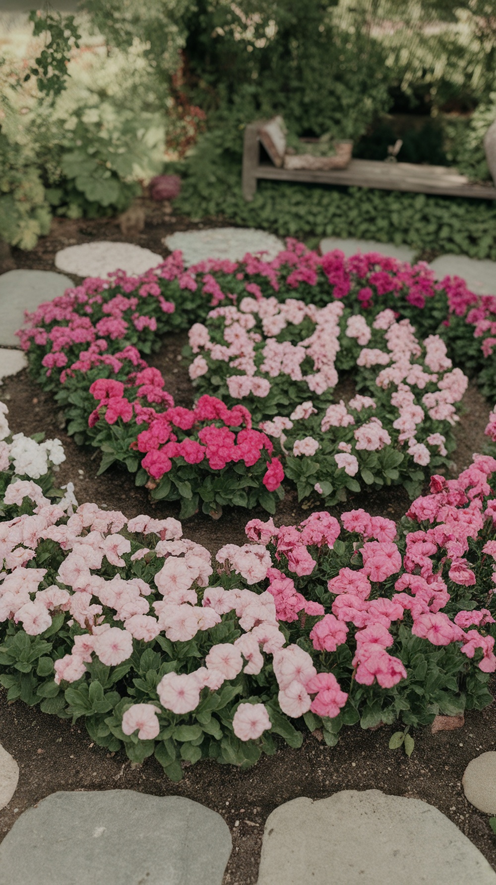 A flower bed filled with pink blooms arranged in a circular pattern.