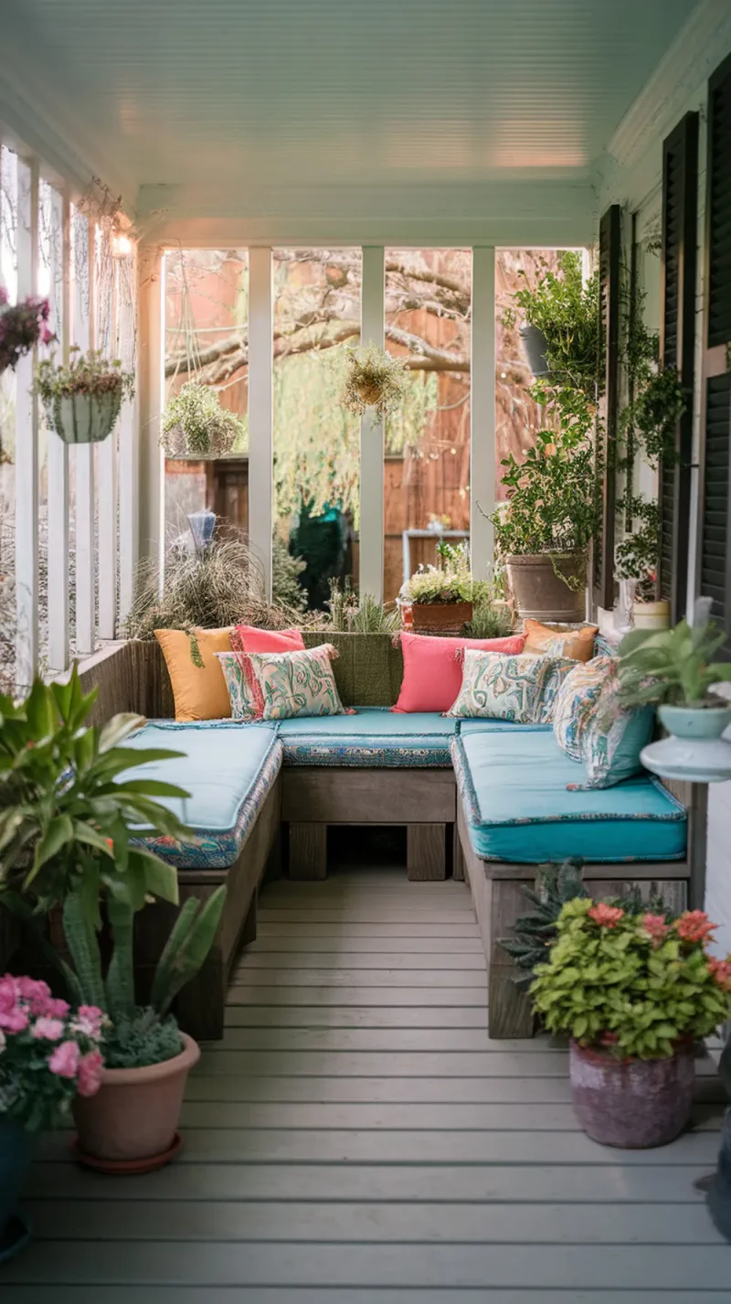 L-shaped corner seating area with colorful cushions and plants on a porch