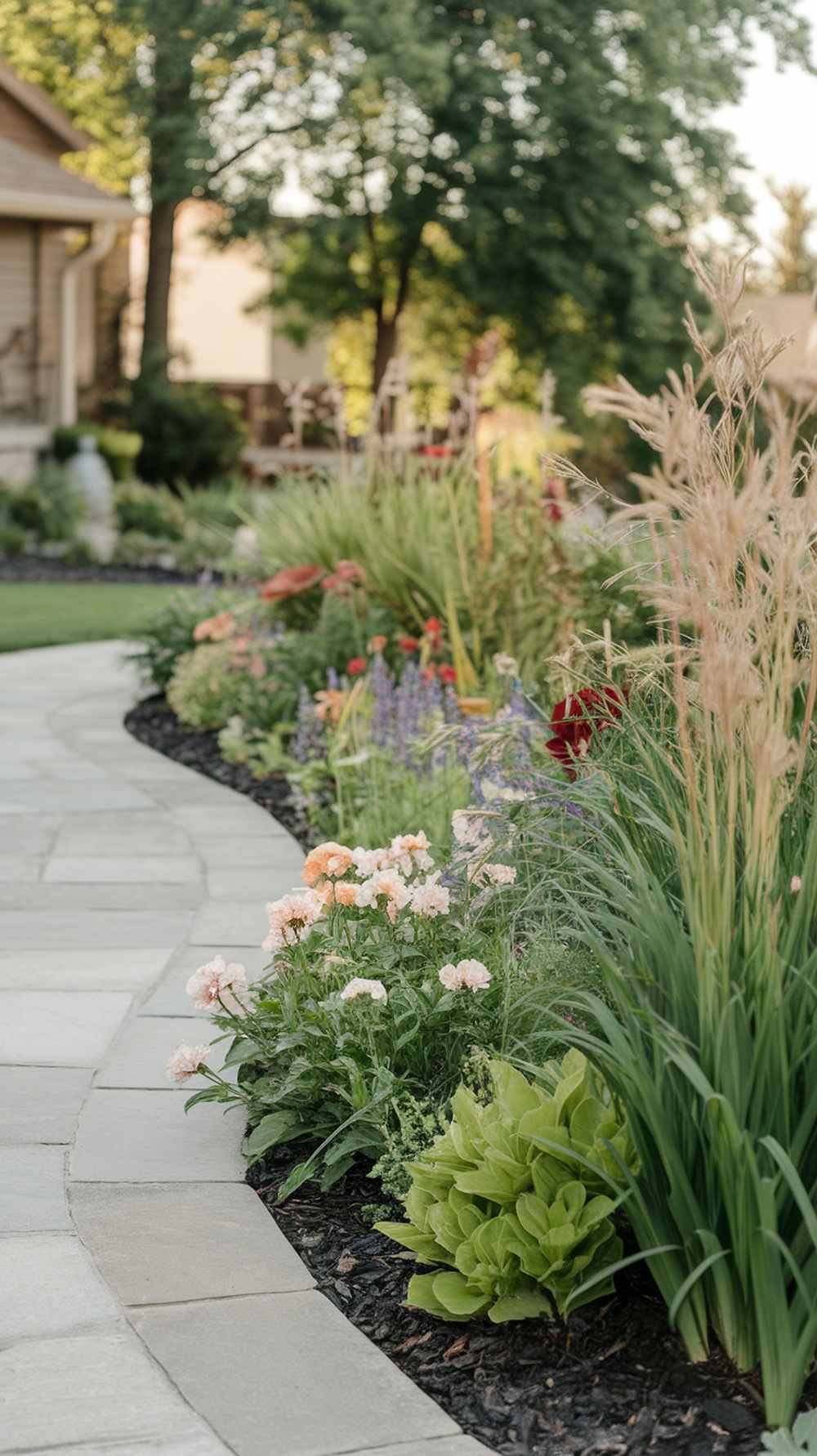 Curved flower bed alongside a walkway filled with colorful flowers and greenery