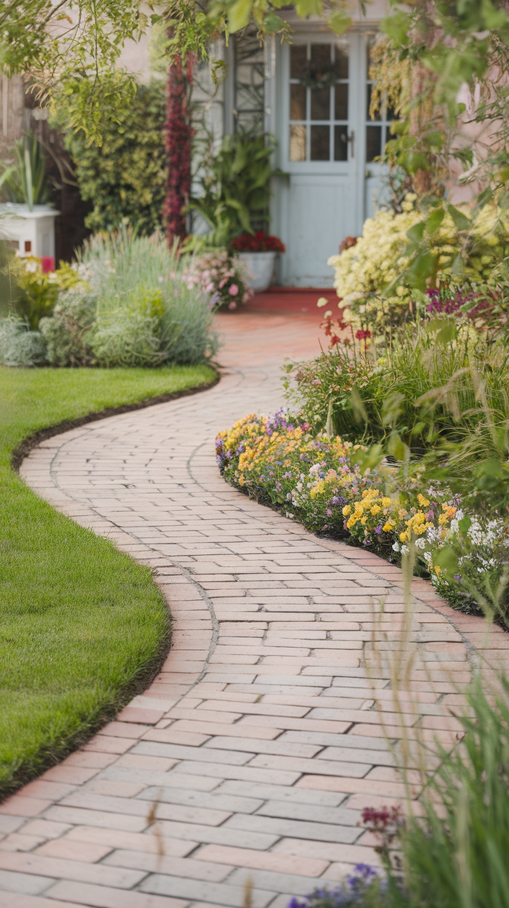 Curved brick walkway lined with colorful flowers leading to a front door.