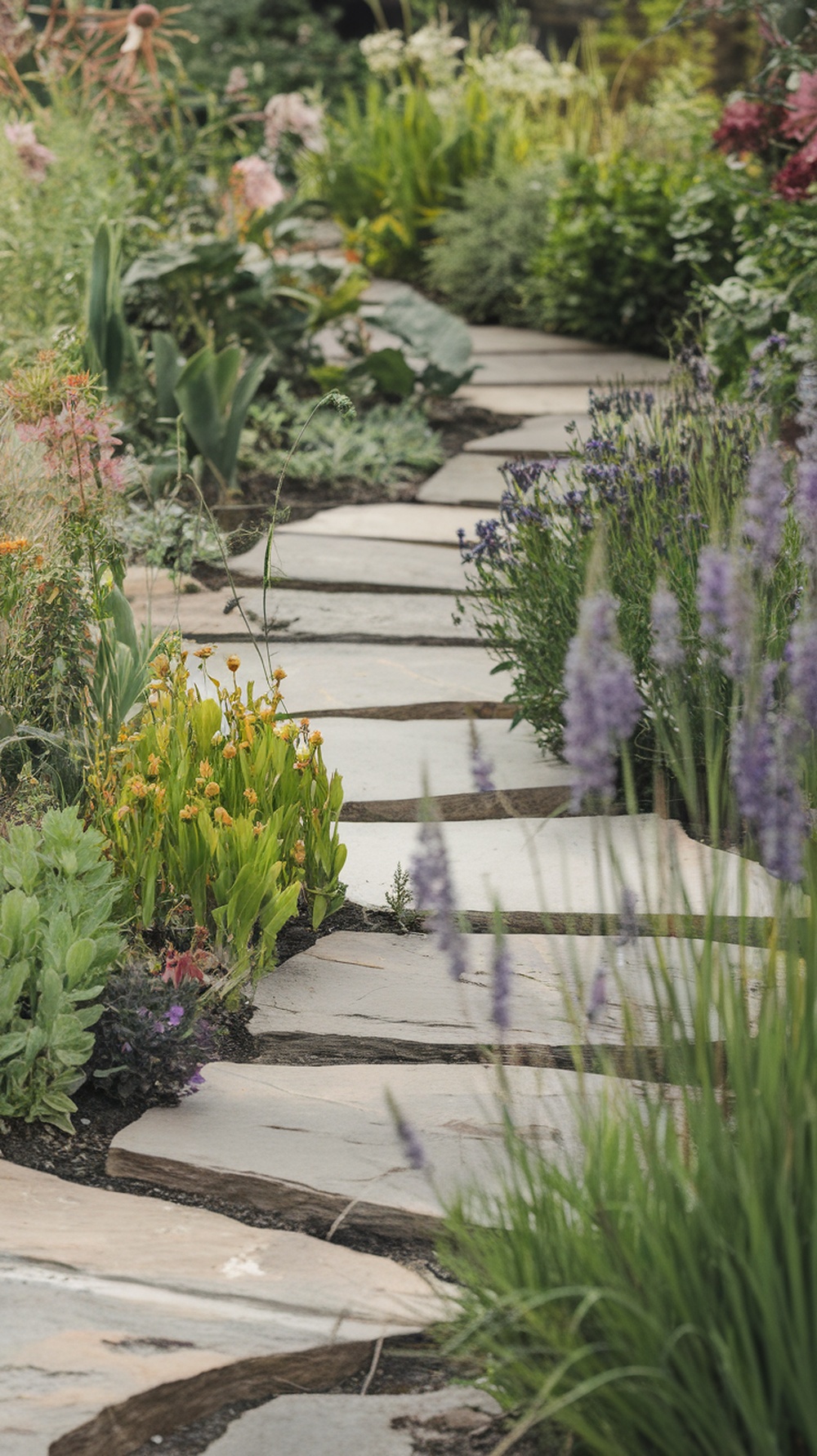 A flagstone path with irregular shapes surrounded by colorful flowers and lush greenery.