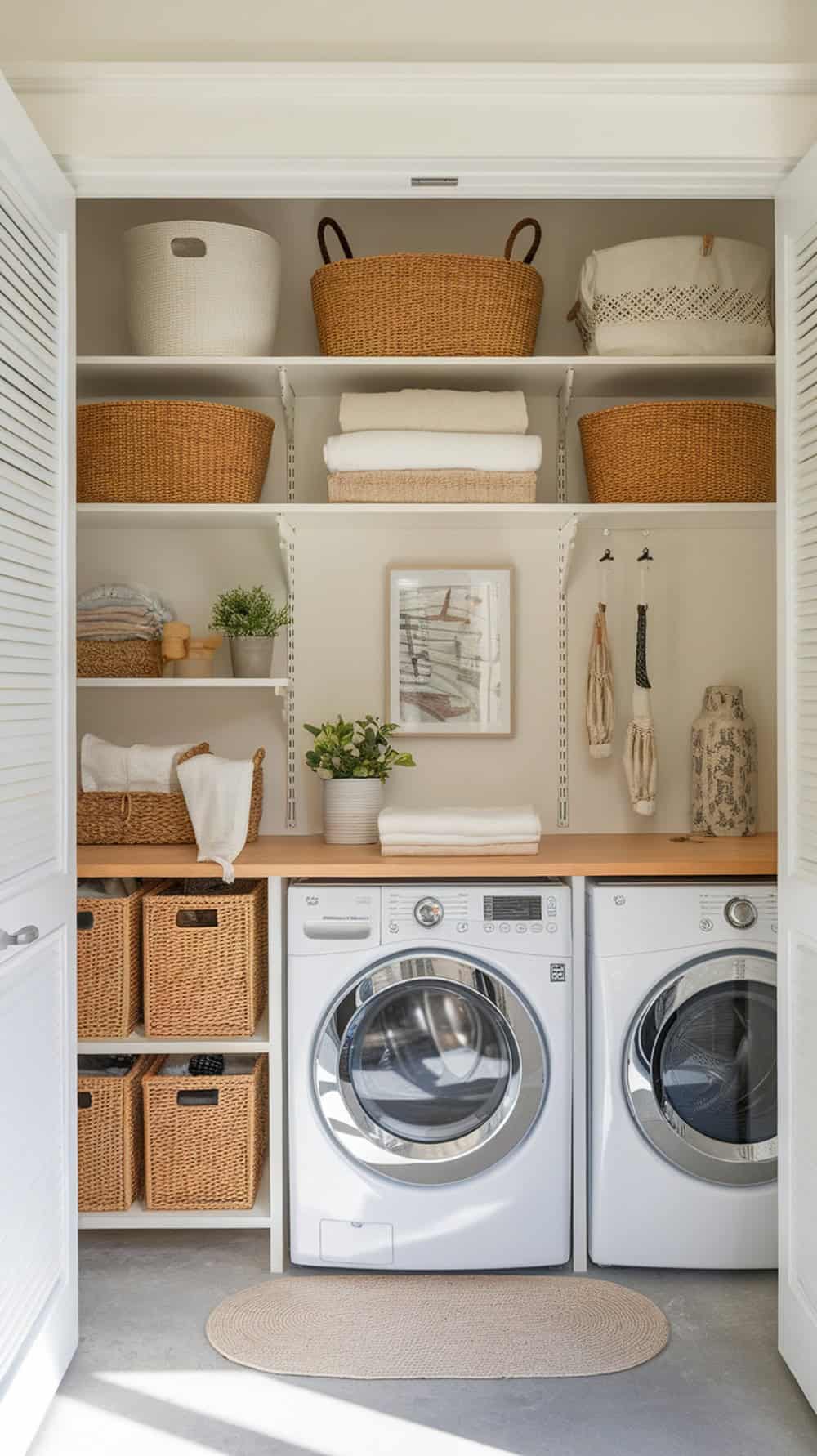 Laundry room with a folding station over the washer and dryer, featuring shelves with baskets and a wooden countertop.