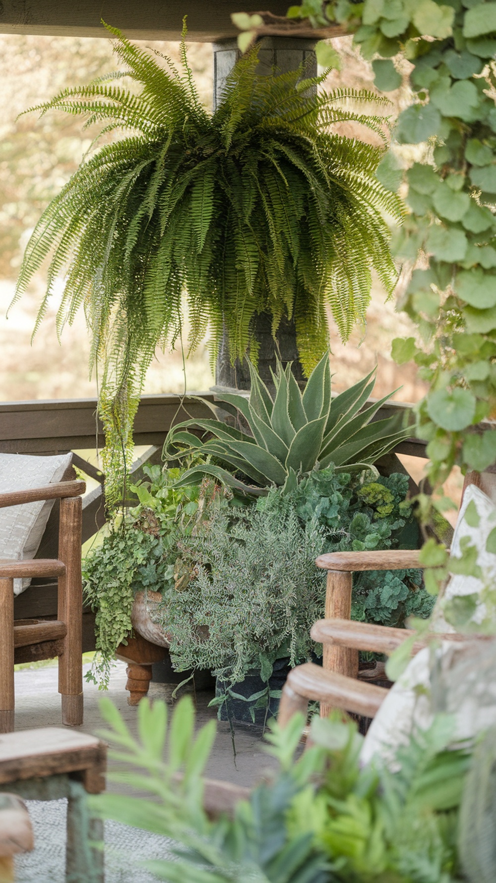 A front porch with a mix of hanging ferns and potted plants, showcasing various textures and heights.