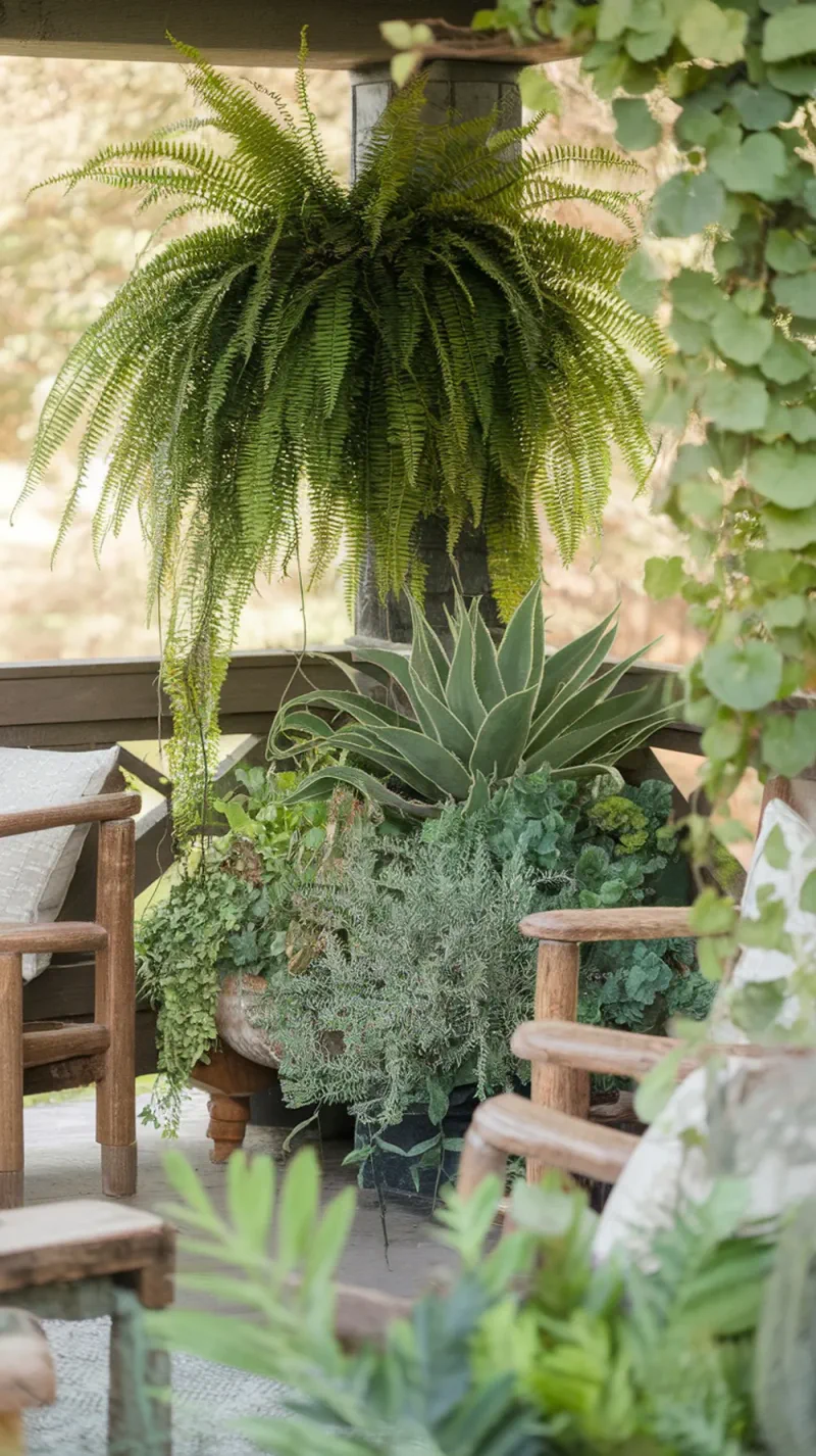 A front porch with a mix of hanging ferns and potted plants, showcasing various textures and heights.