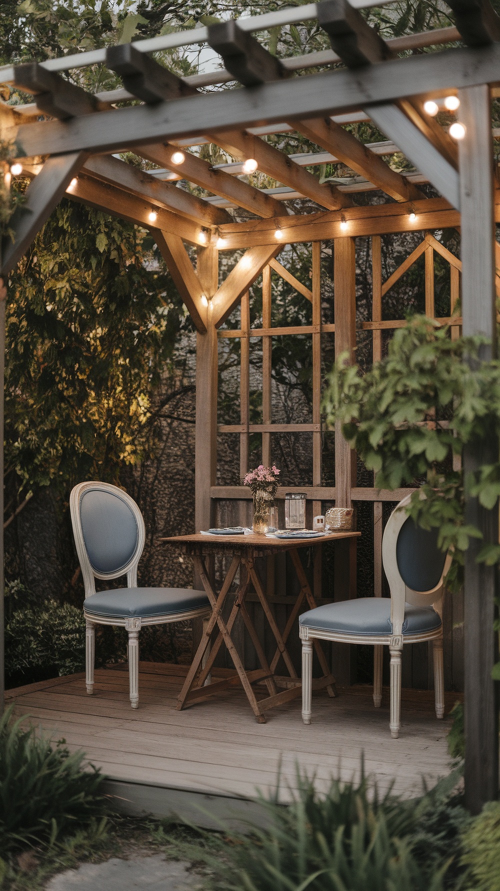 Cozy small dining area under a pergola with a wooden table and two chairs