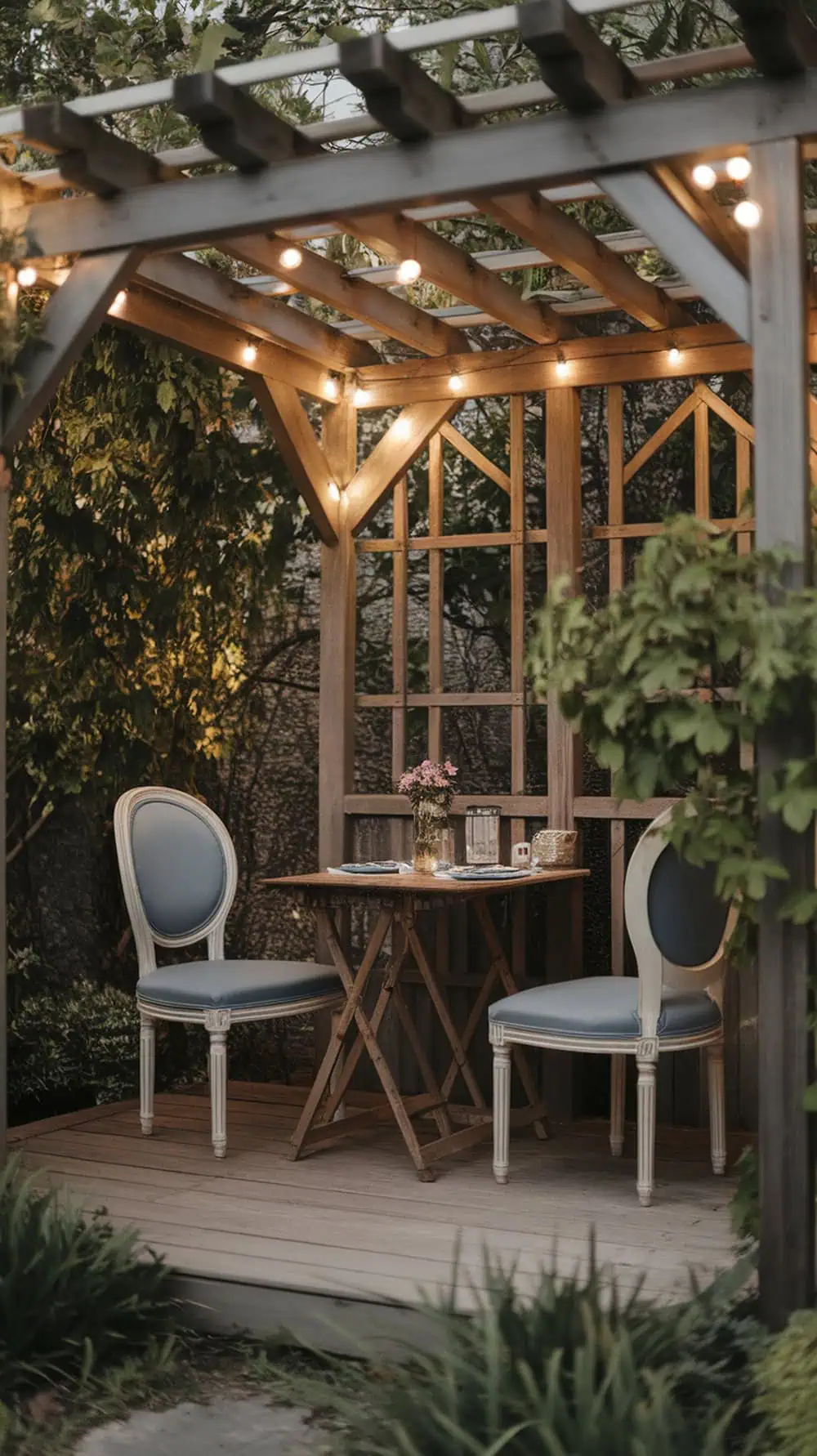 Cozy small dining area under a pergola with a wooden table and two chairs