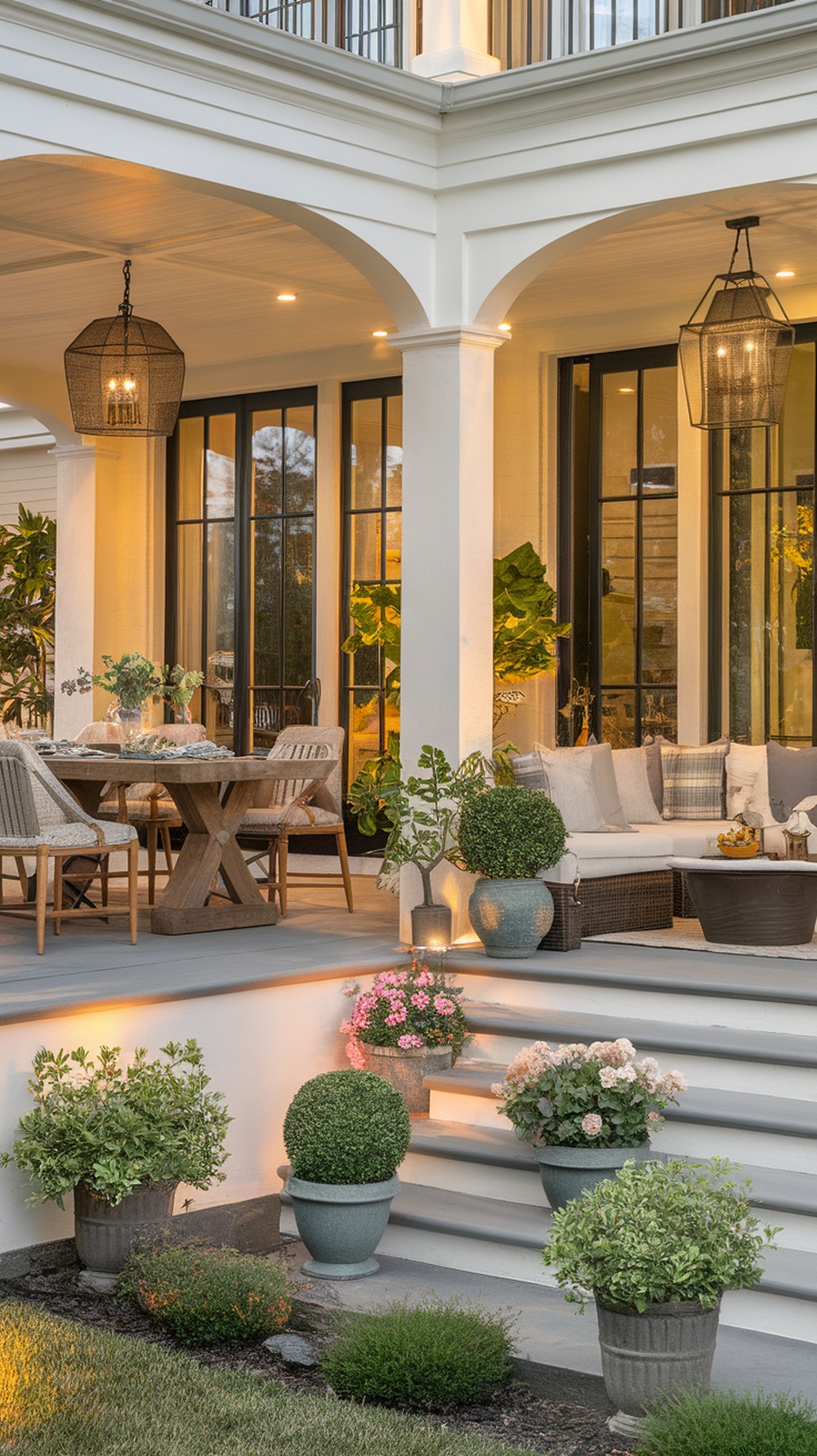 A spacious double wide front porch with a dining area and a lounging space, decorated with plants and warm lighting.