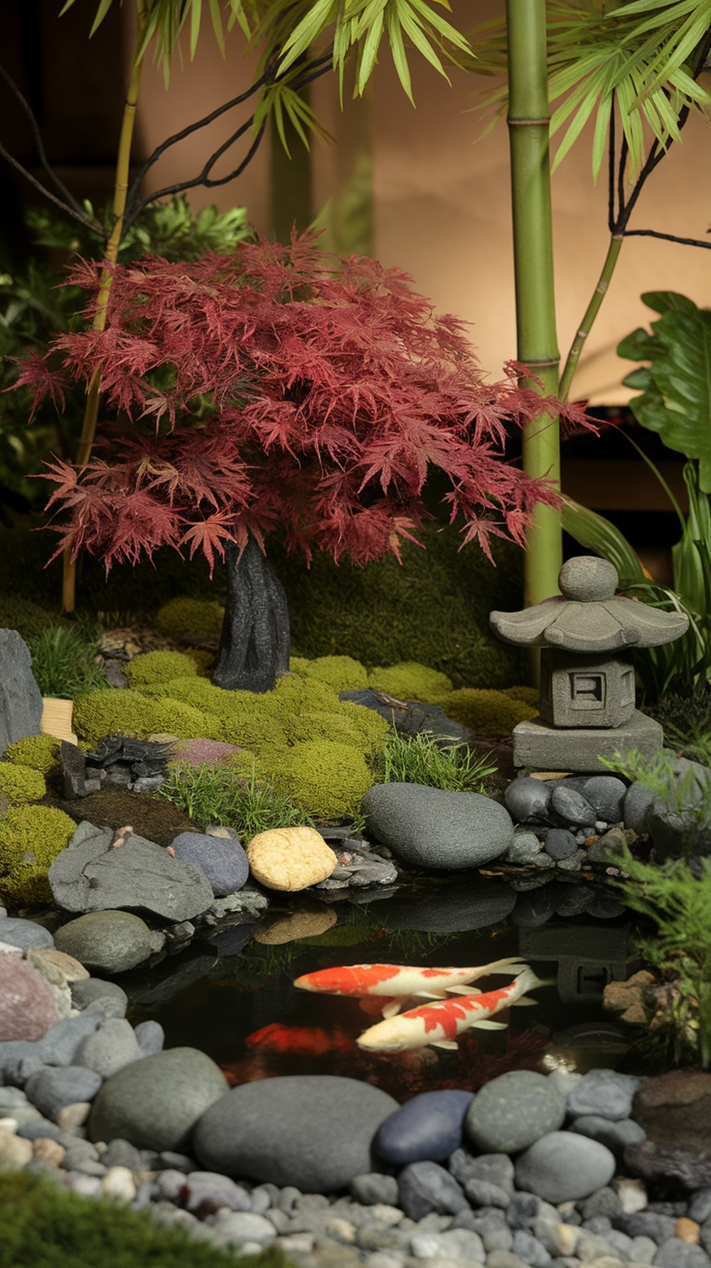 A mini Japanese garden featuring a red Japanese maple tree, a small pond with koi fish, and decorative stones.