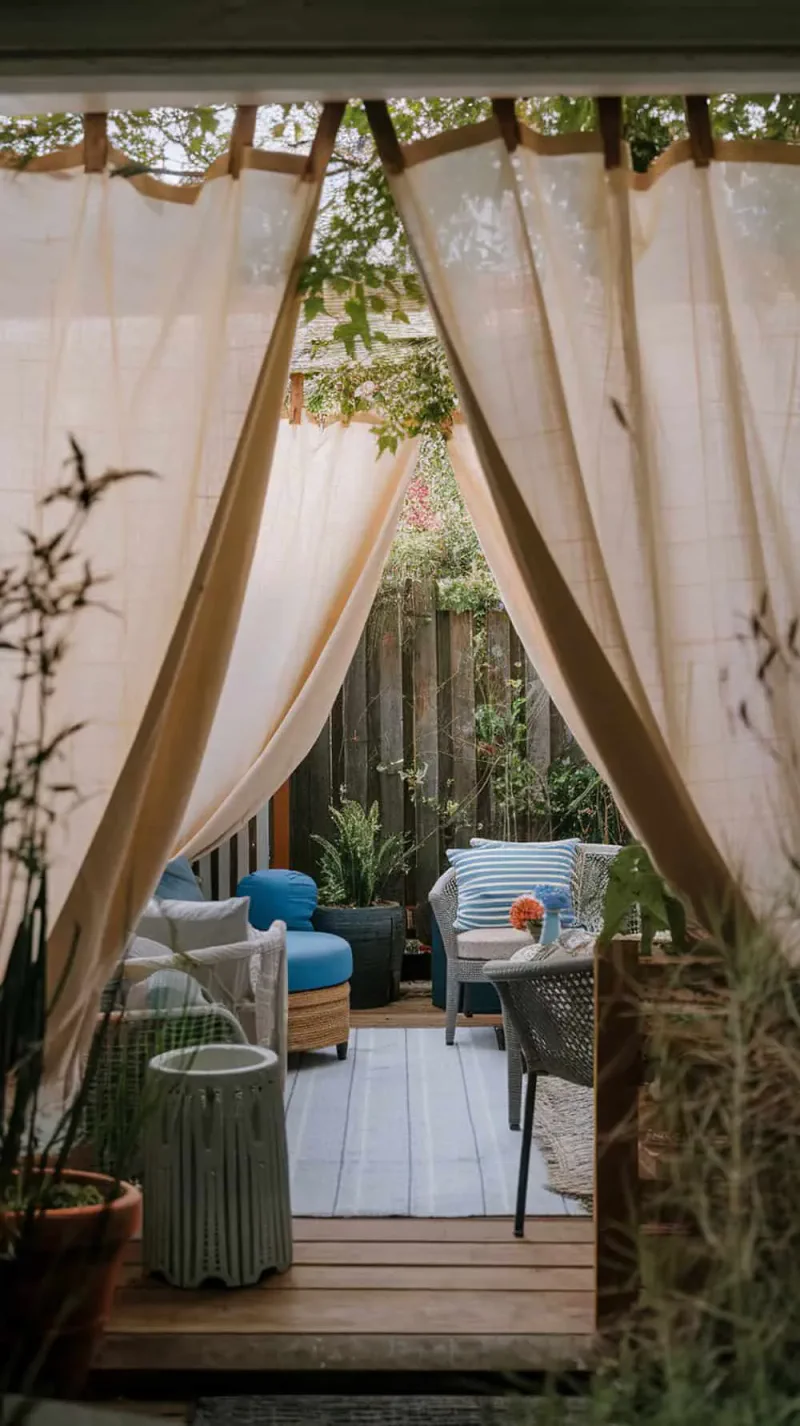 Cozy back patio with drop cloth curtains for privacy