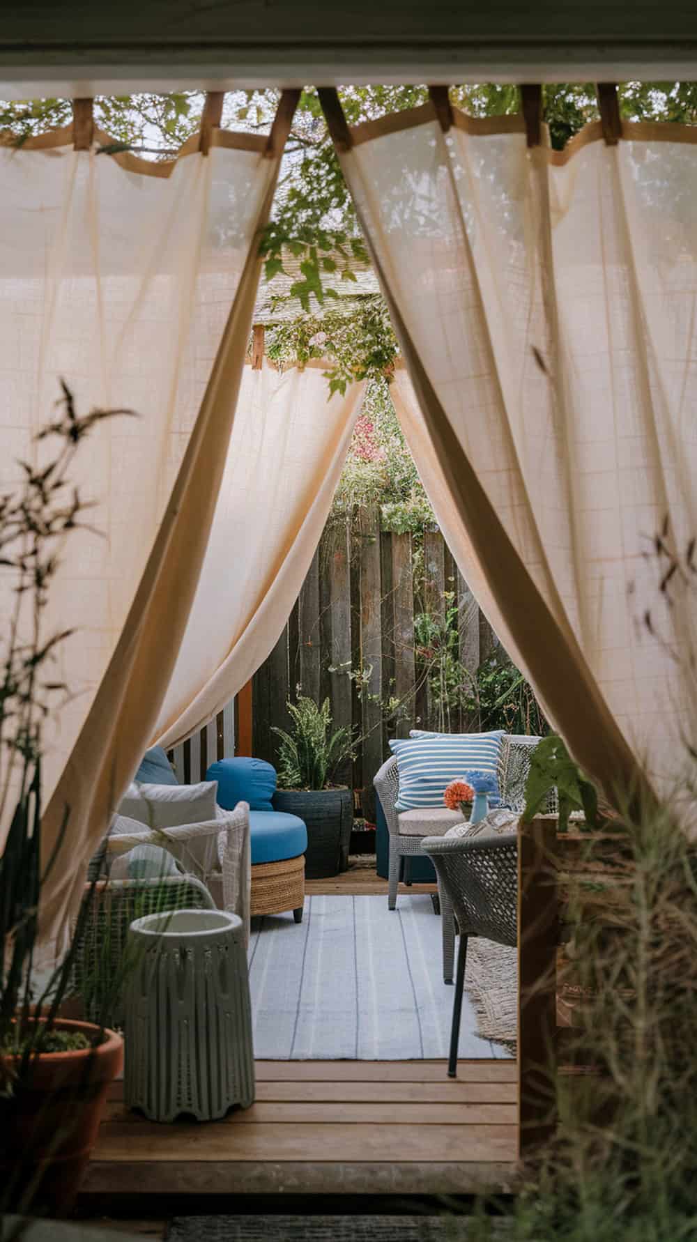 Cozy back patio with drop cloth curtains for privacy