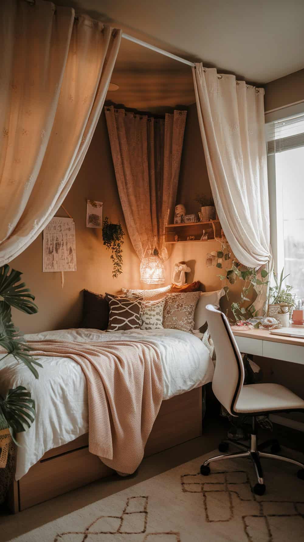 Cozy college dorm room with curtains over the bed and window.
