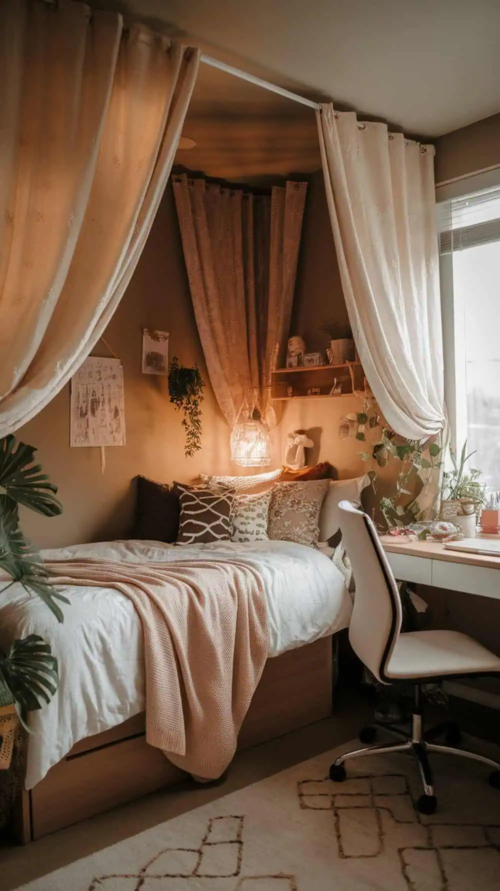Cozy college dorm room with curtains over the bed and window.