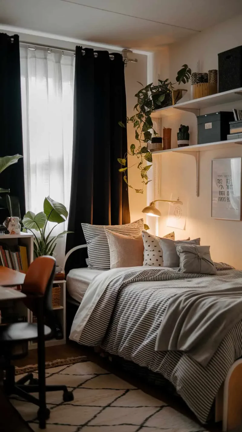 A cozy dorm room with dark curtains, a bed with decorative pillows, and shelves with plants.