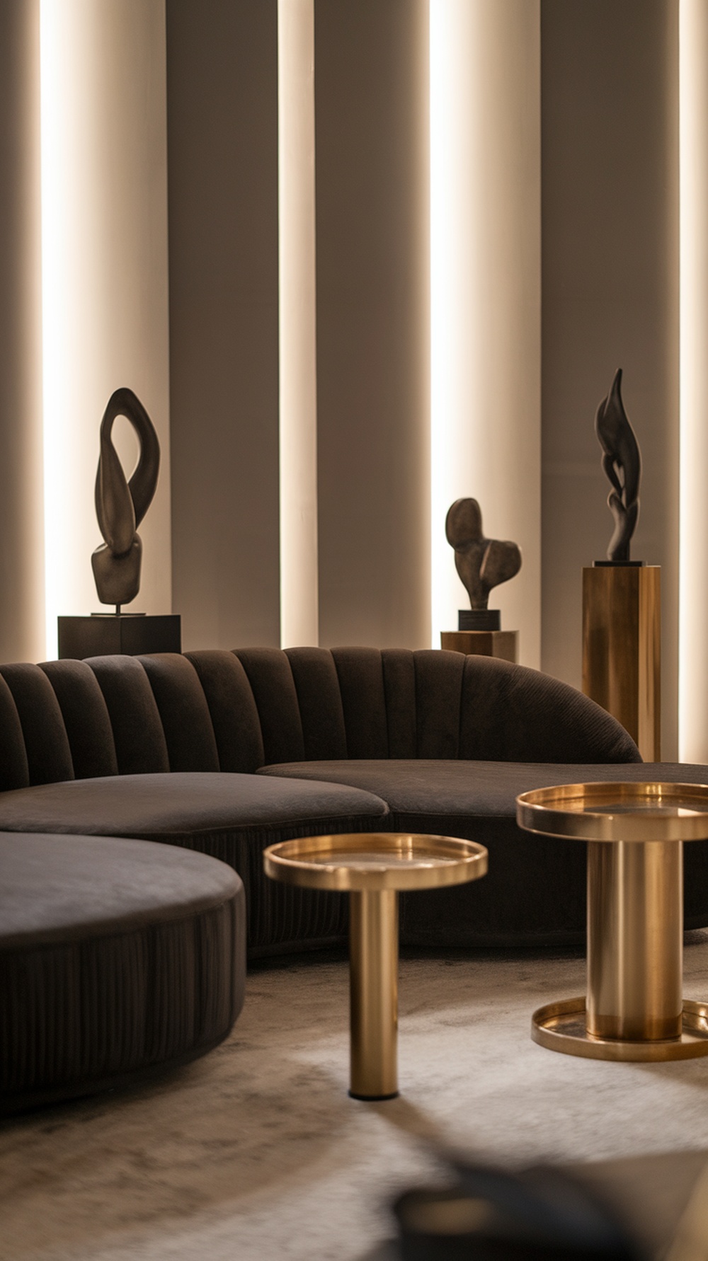 A modern living room featuring a dark gray velvet L-shape sofa, gold side tables, and elegant sculptures.