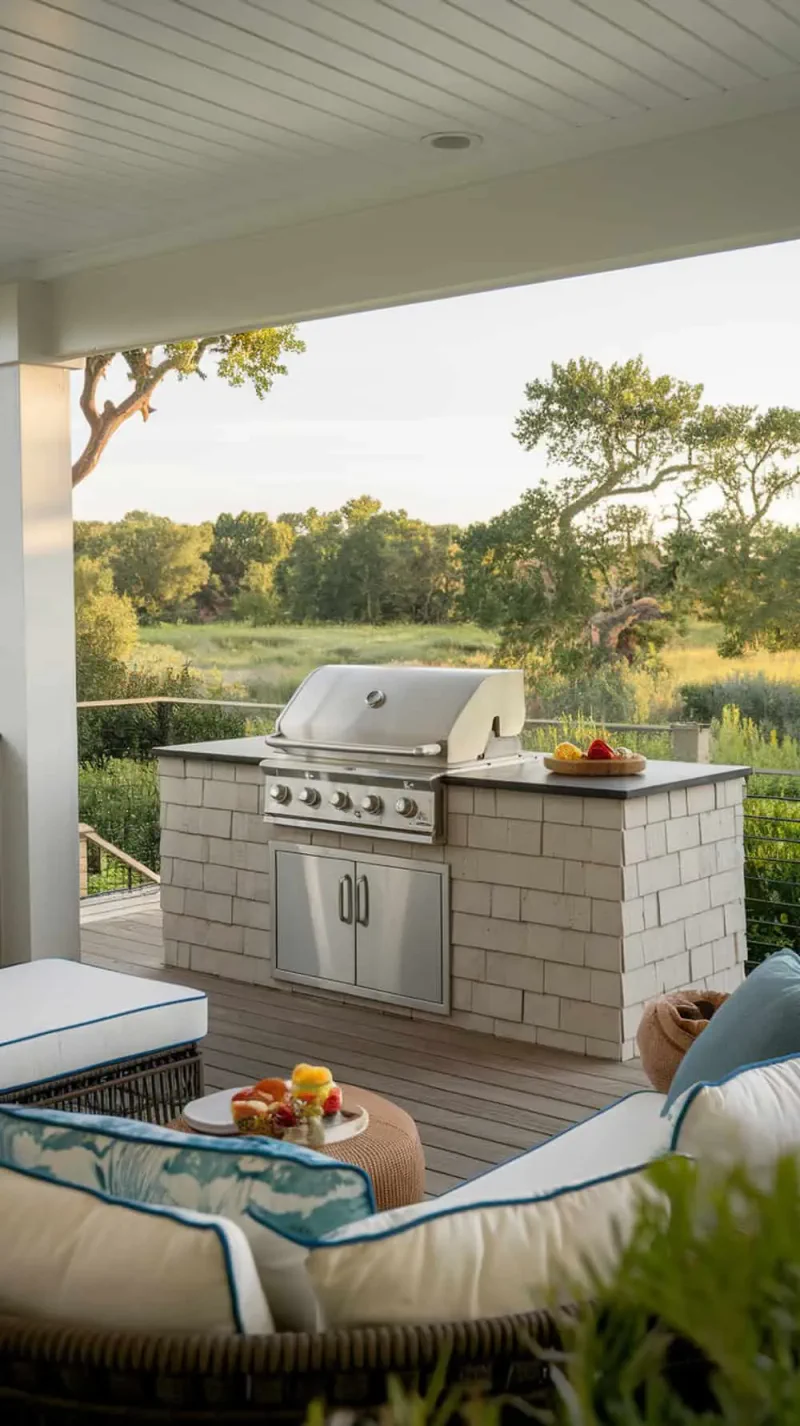 Deck area featuring a built-in grill and prep space with comfortable seating and a view of nature.