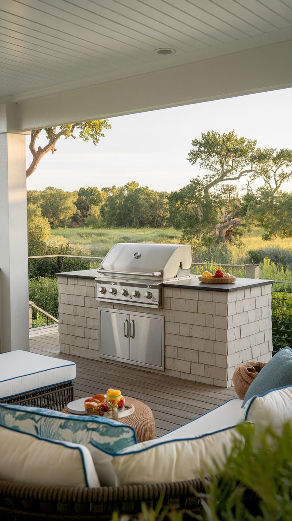Deck area featuring a built-in grill and prep space with comfortable seating and a view of nature.