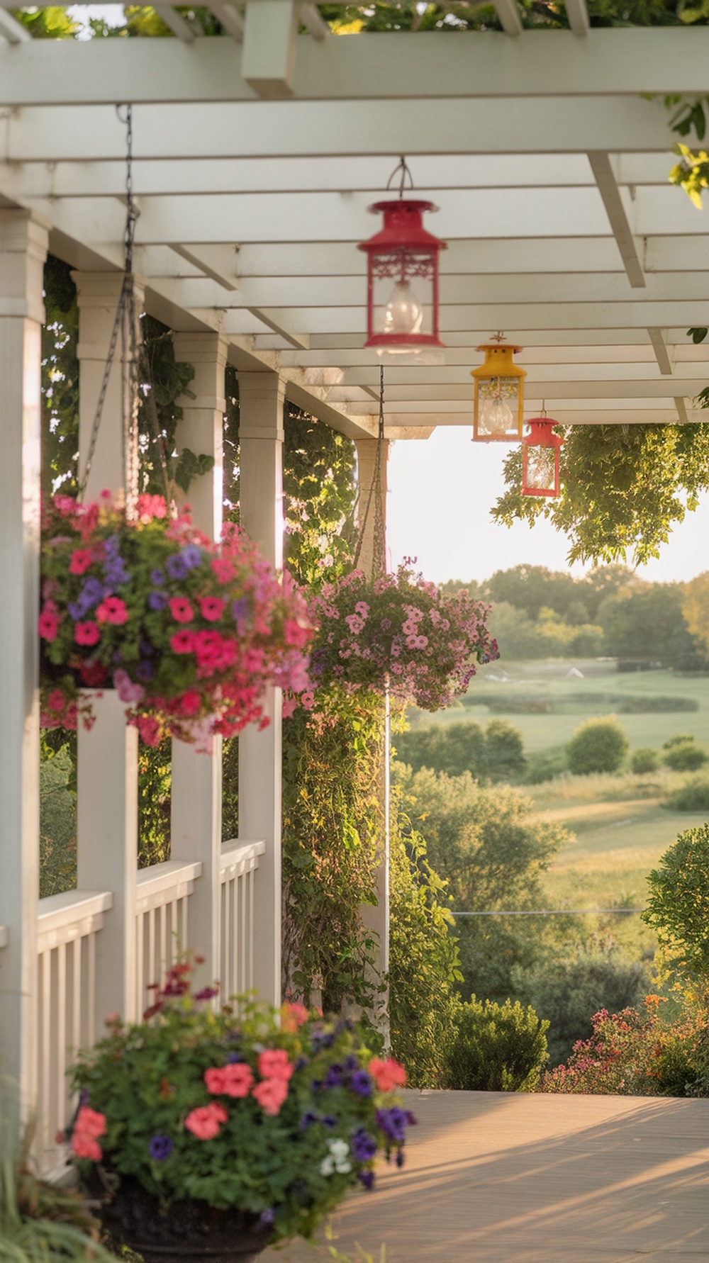 A beautiful front porch with hanging lanterns and colorful flower baskets.