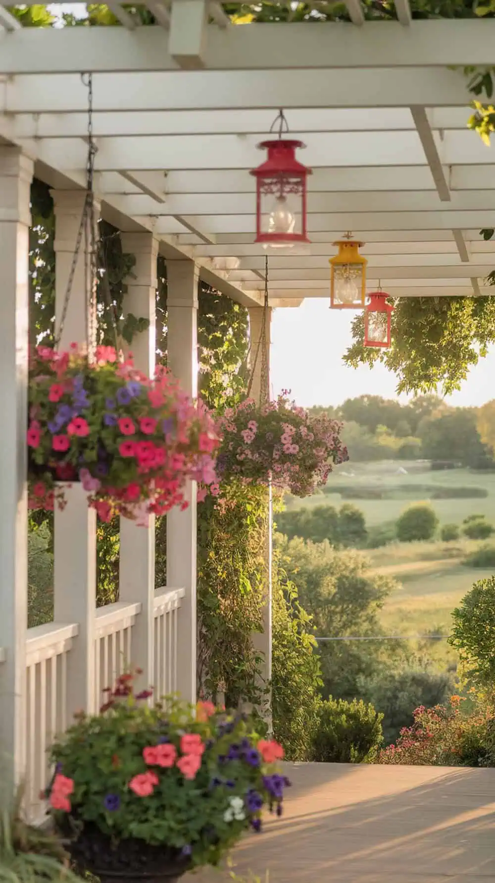A beautiful front porch with hanging lanterns and colorful flower baskets.