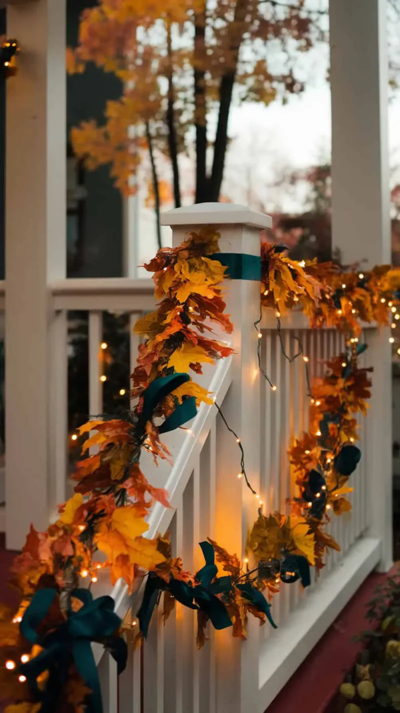 Autumn leaves garland with lights on a white porch railing