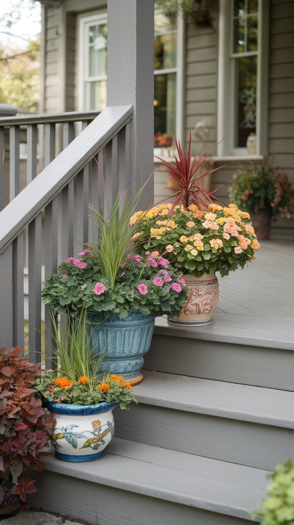 Colorful potted plants arranged on porch steps, showcasing seasonal flowers.