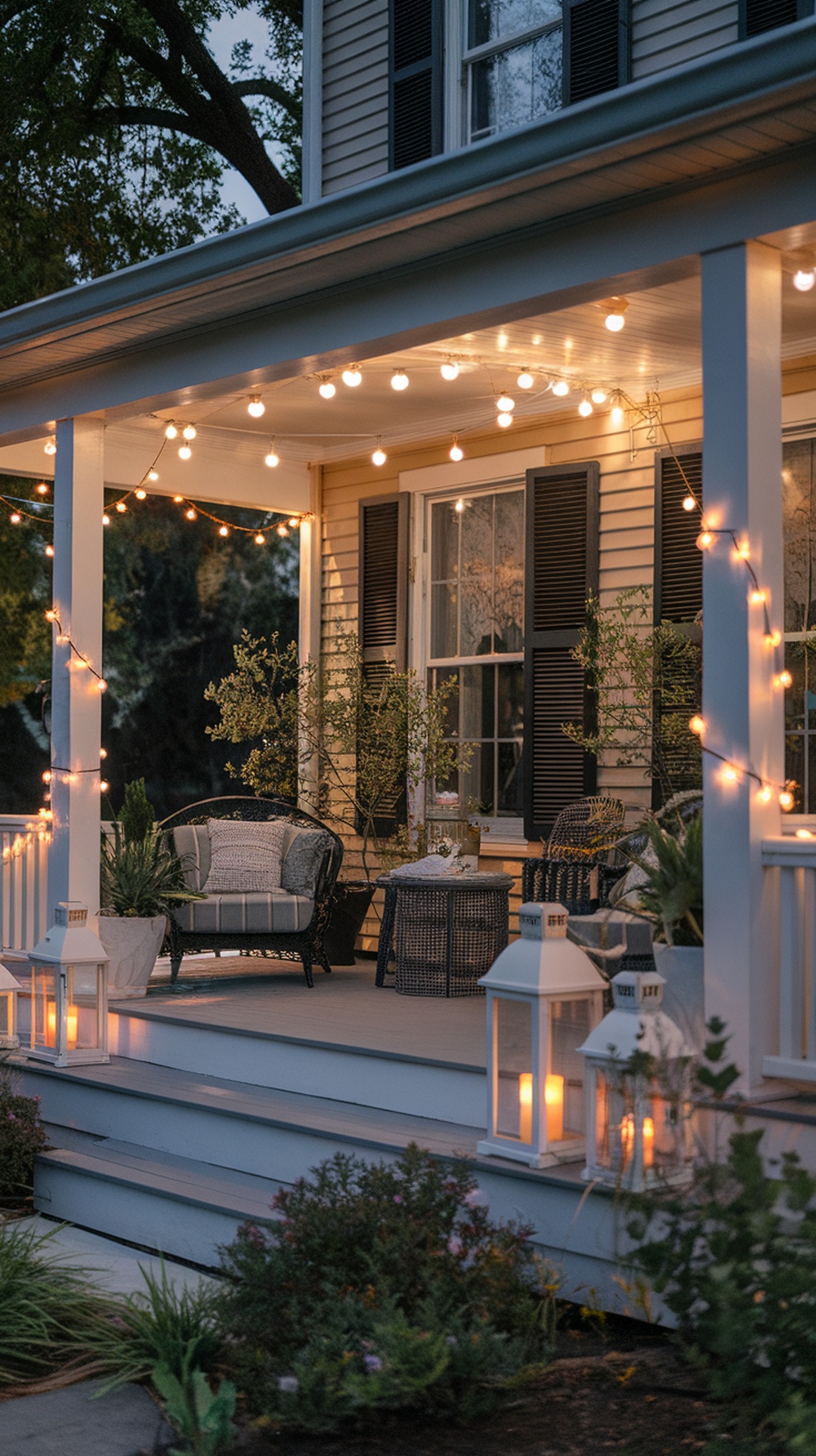 A cozy front porch decorated with string lights and lanterns for evening relaxation.