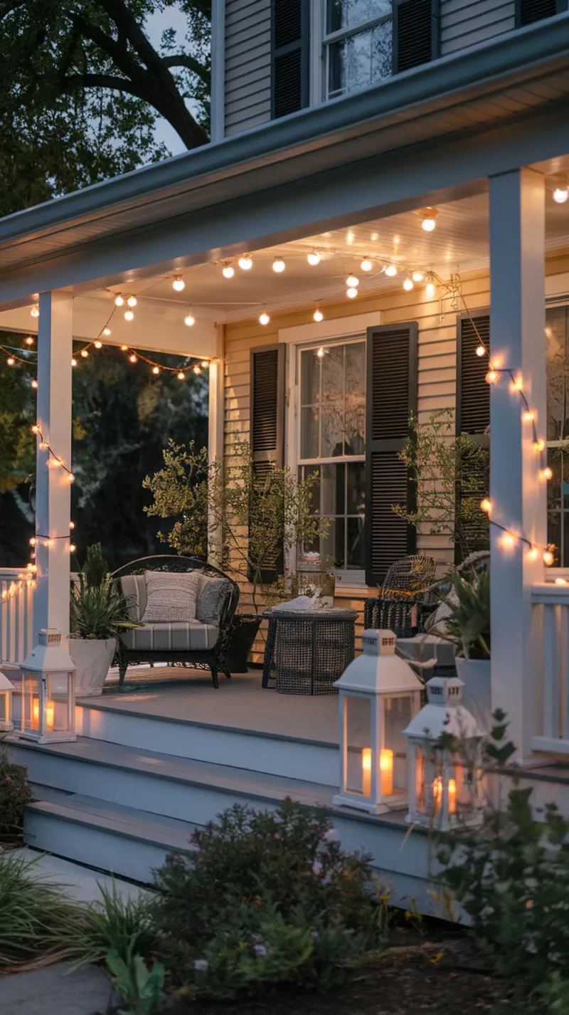 A cozy front porch decorated with string lights and lanterns for evening relaxation.